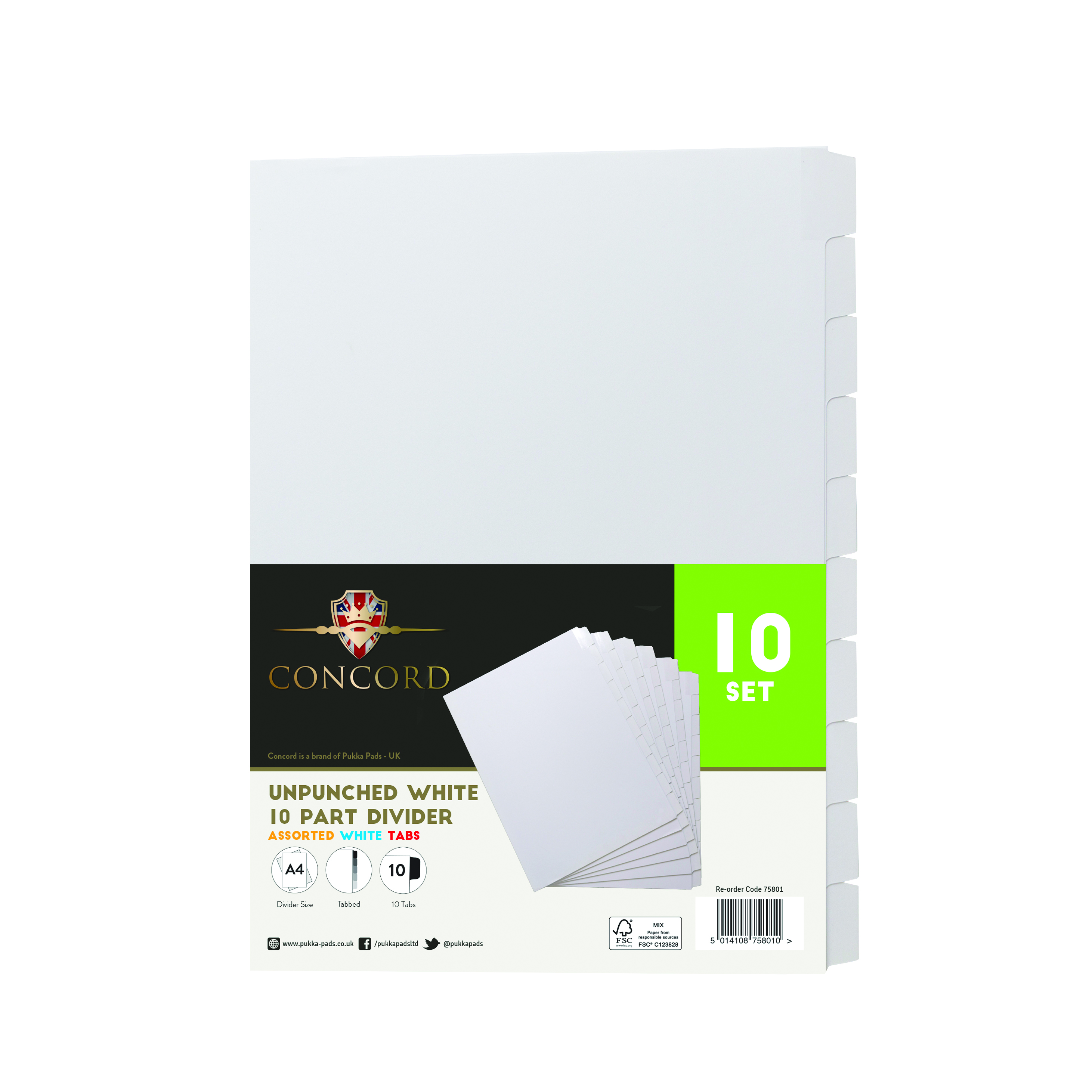 Concord+Unpunched+Divider+10-Part+A4+150gsm+White+%28Pack+of+10%29+75801