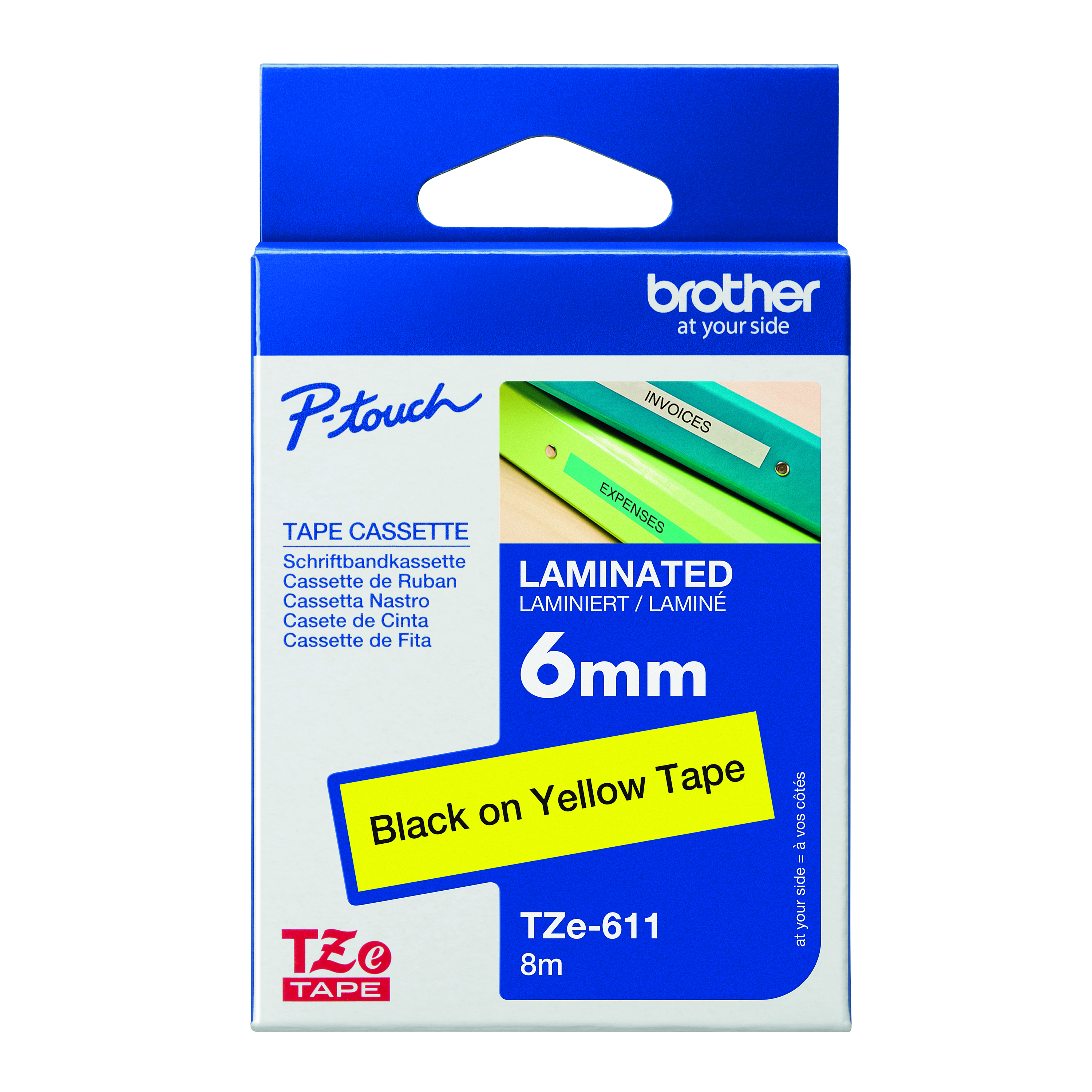 Brother+P-Touch+TZe+Lam+Tape+Cassette+6mm+x+8m+Black+on+Yellow+Tape+TZE611