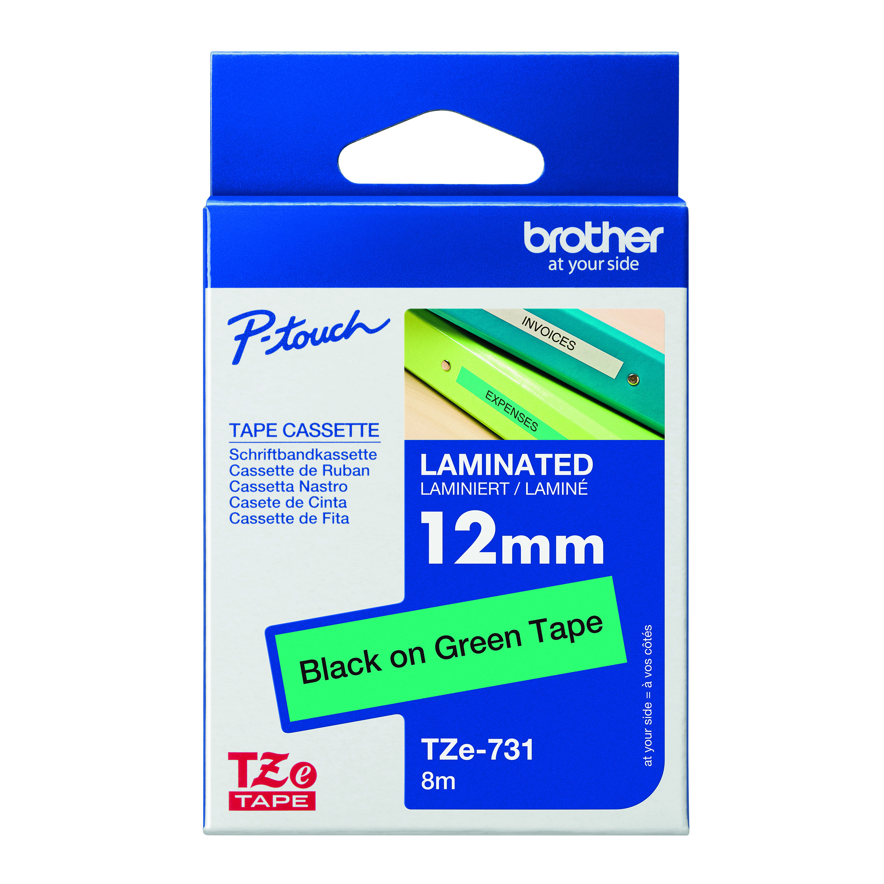 Brother+P-Touch+TZe+Lam+Tape+Cassette+12mm+x+8m+Black+on+Green+Tape+TZE731