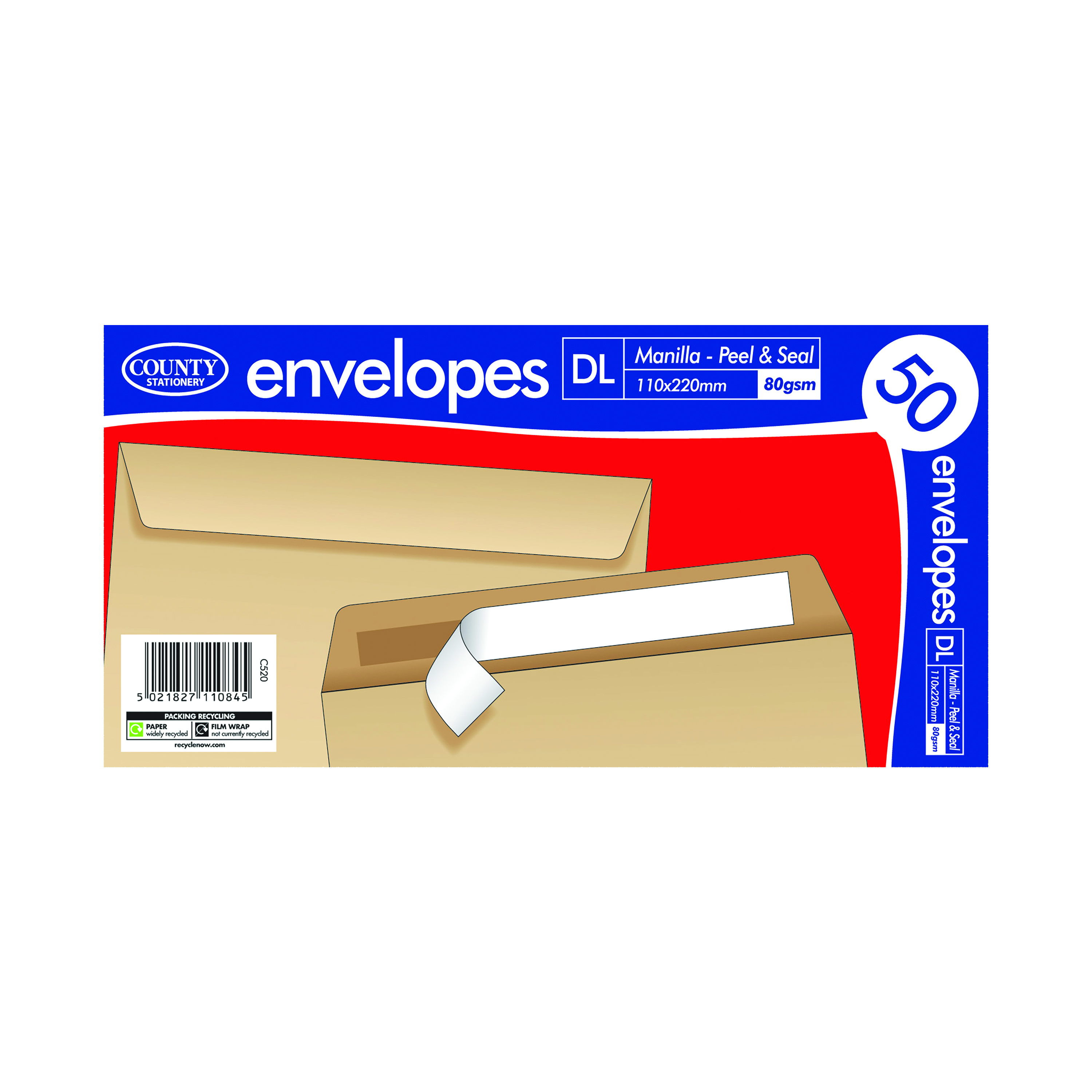 County+Stationery+DL+Manilla+Peel+and+Seal+Envelopes+x50+%28Pack+of+20%29+C520
