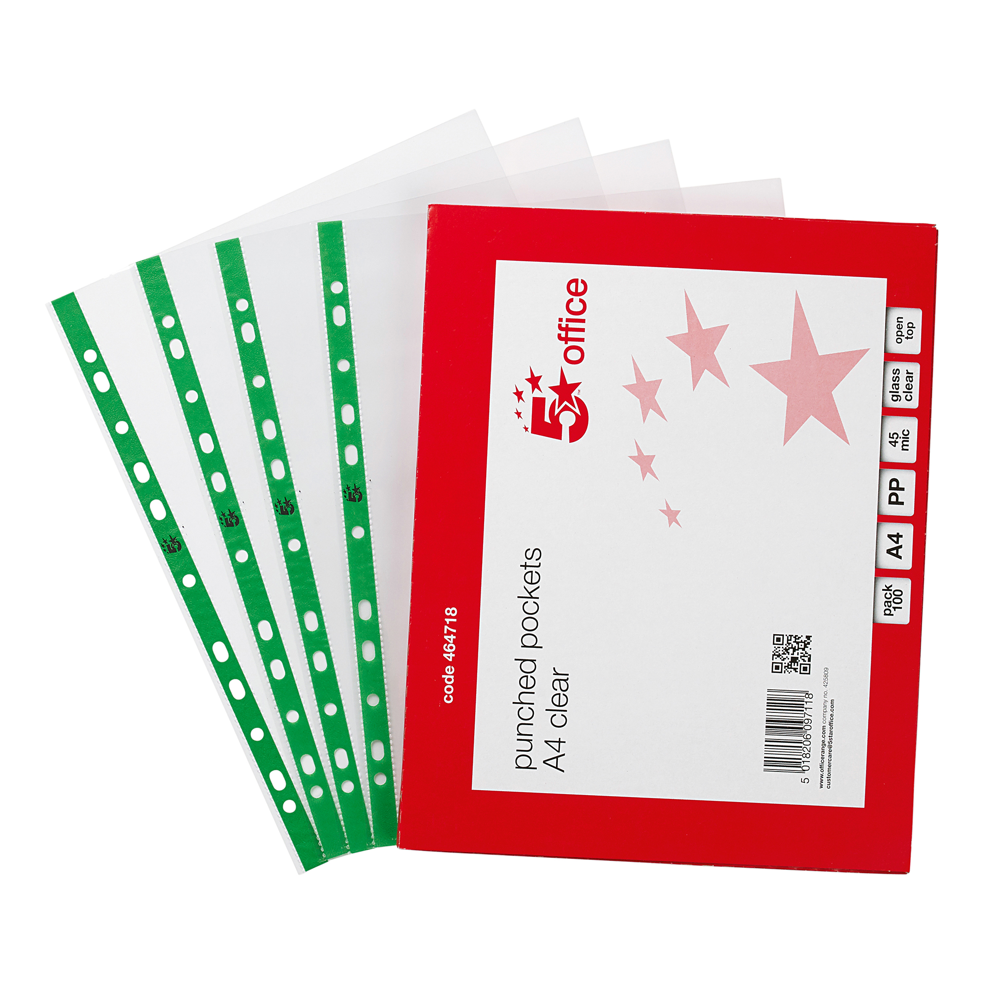 5+Star+Office+Punched+Pocket+Polypropylene+Green+Strip+Top-opening+A4+Glass+Clear+%28Pack+of+100%29