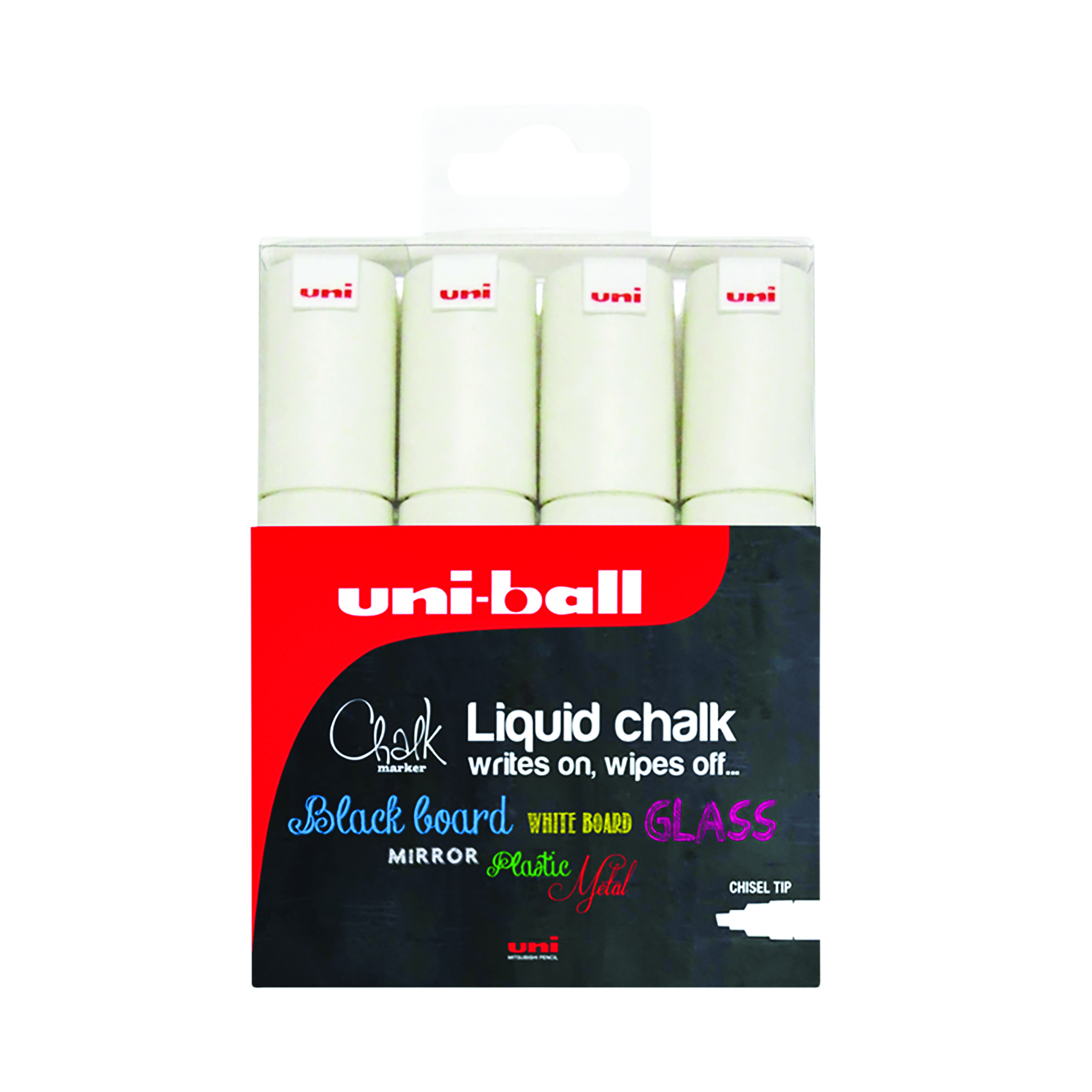 Uni-Ball+PWE-8K+Chalk+Marker+Chisel+Broad+White+%28Pack+of+4%29+153494344