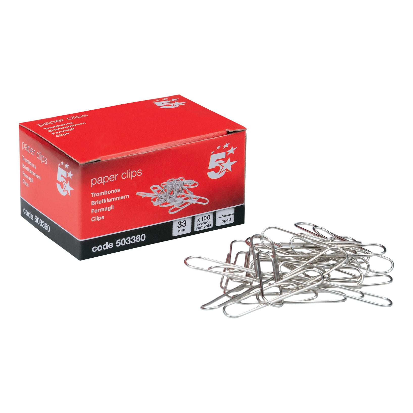 5+Star+Office+Paperclips+Metal+Large+Length+33mm+Lipped+Plain+%28Pack+of+10x100%29