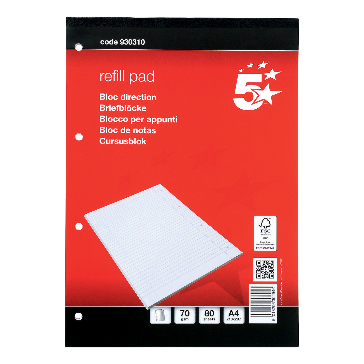 5+Star+Office+Refill+Pad+Headbound+70gsm+Ruled+Margin+Punched+4+Hole+160pp+A4+Red%2FWhite+%28Pack+of+10%29