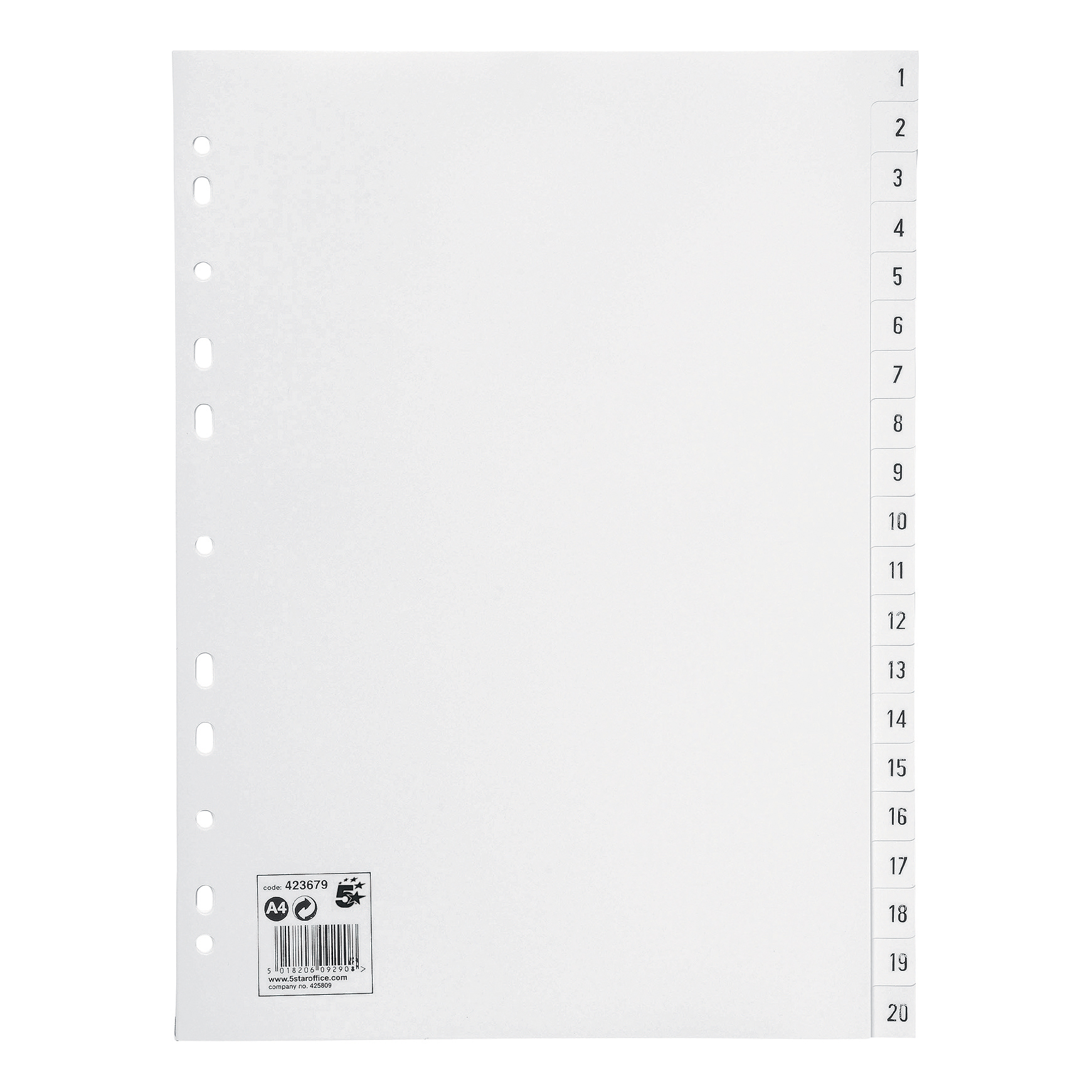 5+Star+Office+Index+1-20+Polypropylene+Multipunched+Reinforced+Holes+130+Micron+A4+White