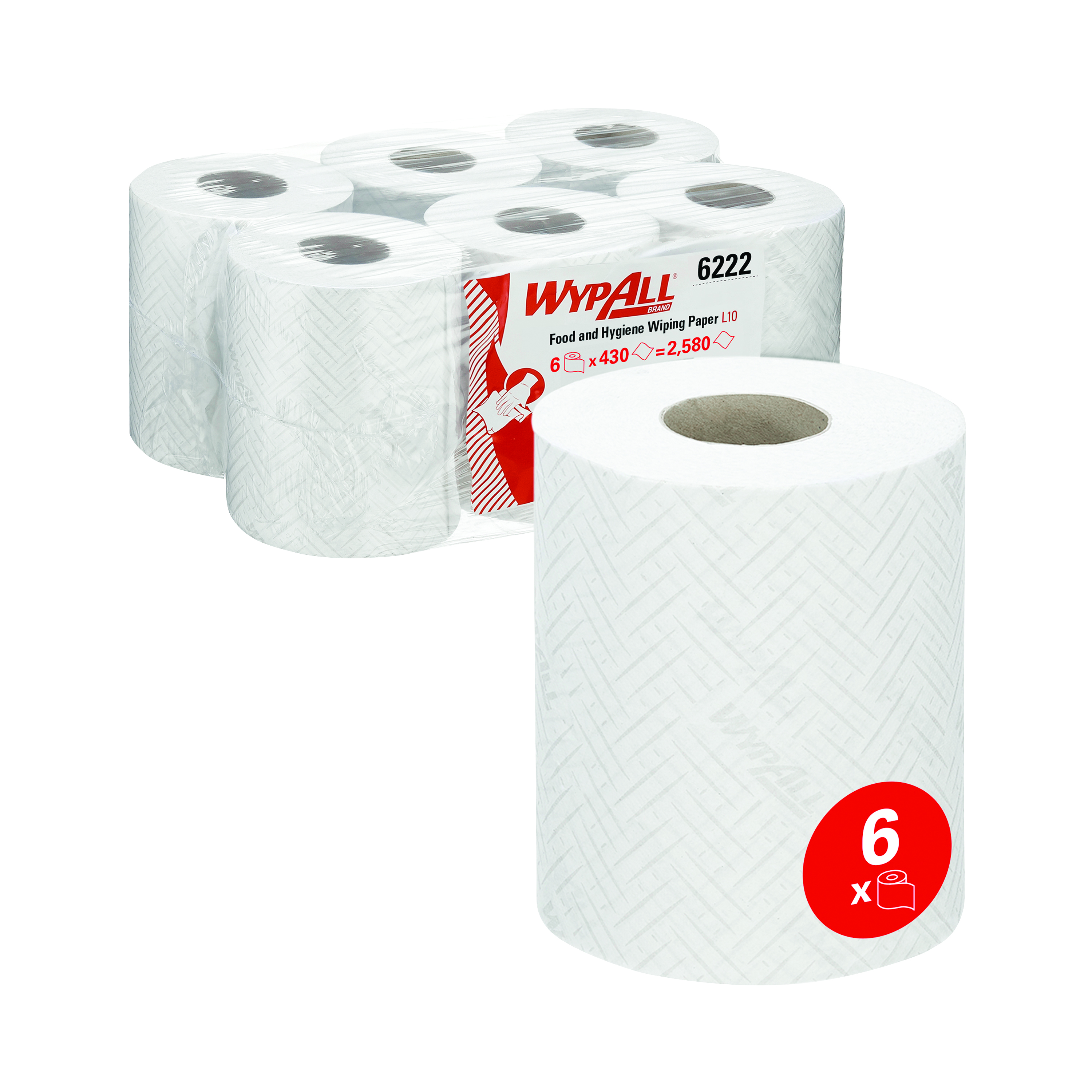 WypAll+L10+Food+and+Hygiene+Centrefeed+Paper+Rolls+1+Ply+White+%28Pack+of+6%29+6222