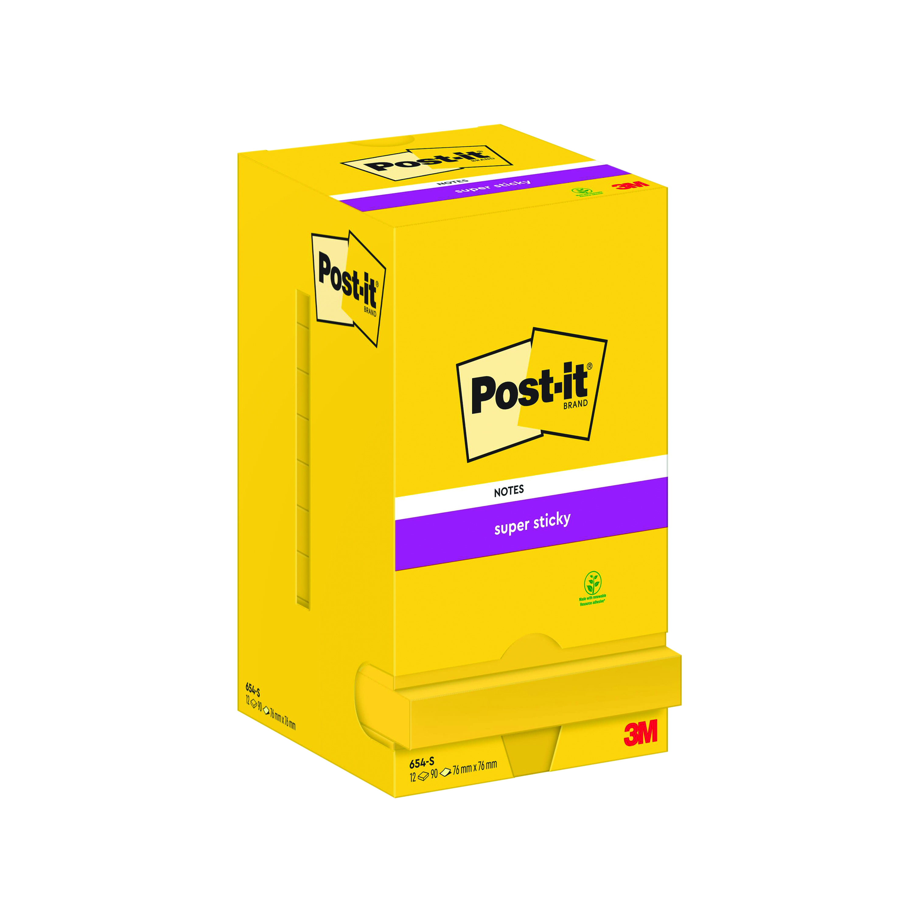 Post-it+Super+Sticky+Notes+76x76mm+90+Sheets+Cardboard+Packaging+Ultra+Yellow+%28Pack+of+12%29+654-S