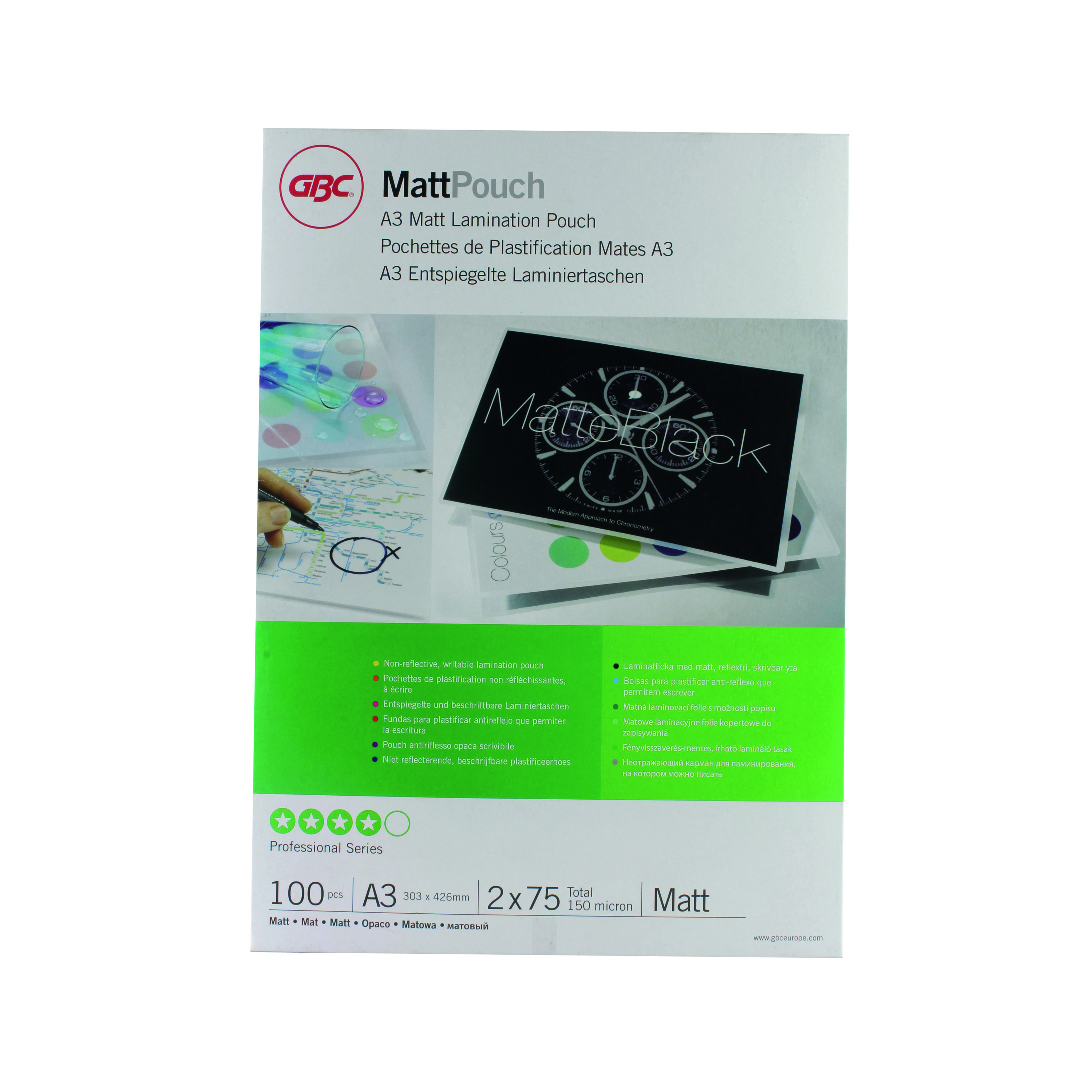 GBC+Matt+Laminating+Pouch+A3+150+Micron+%28Pack+of+100%29+41660E
