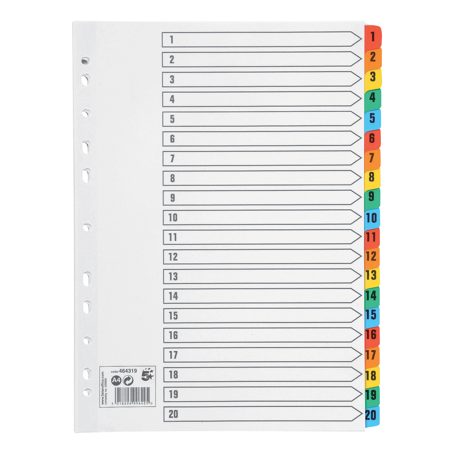 5+Star+Office+Index+1-20+Multipunched+Mylar-reinforced+Multicolour-Tabs+160gsm+A4+White