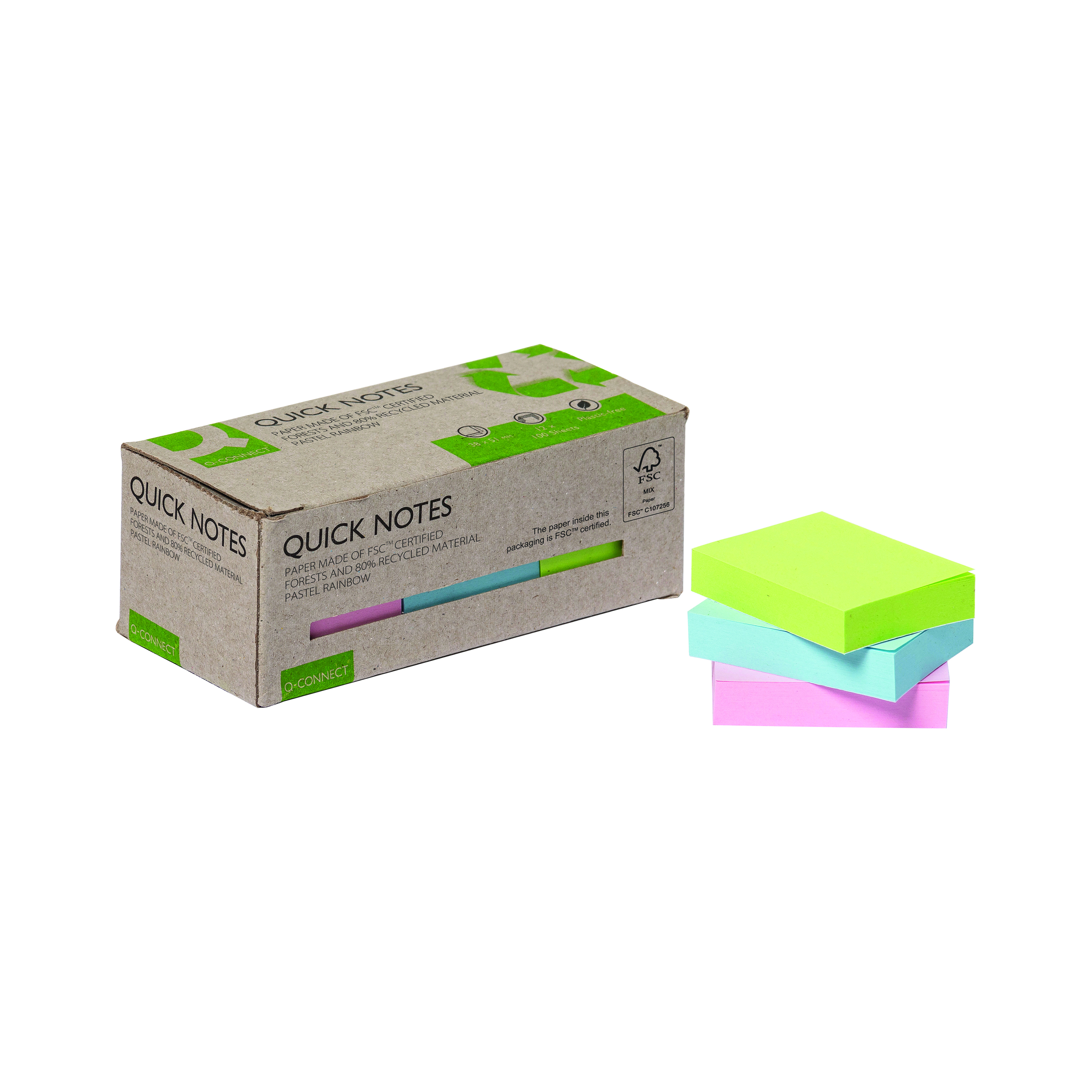 Q-Connect+Recycled+Notes+38x51mm+Pastel+Rainbow+%28Pack+of+12%29+KF17326