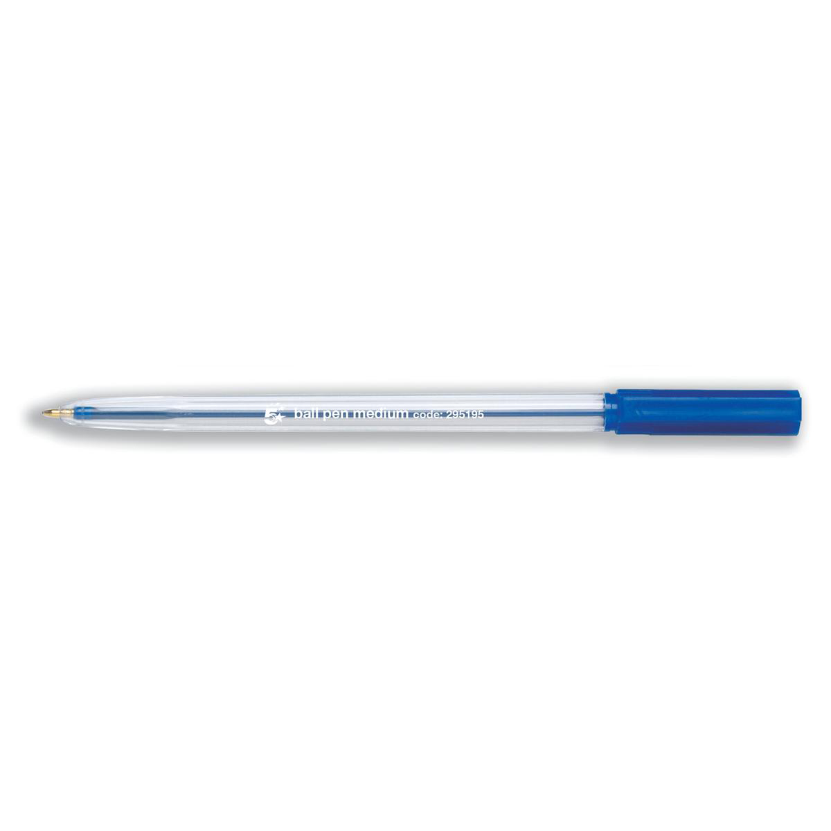 5+Star+Office+Ball+Pen+Clear+Barrel+Medium+1.0mm+Tip+0.7mm+Line+Blue+%28Pack+of+50%29
