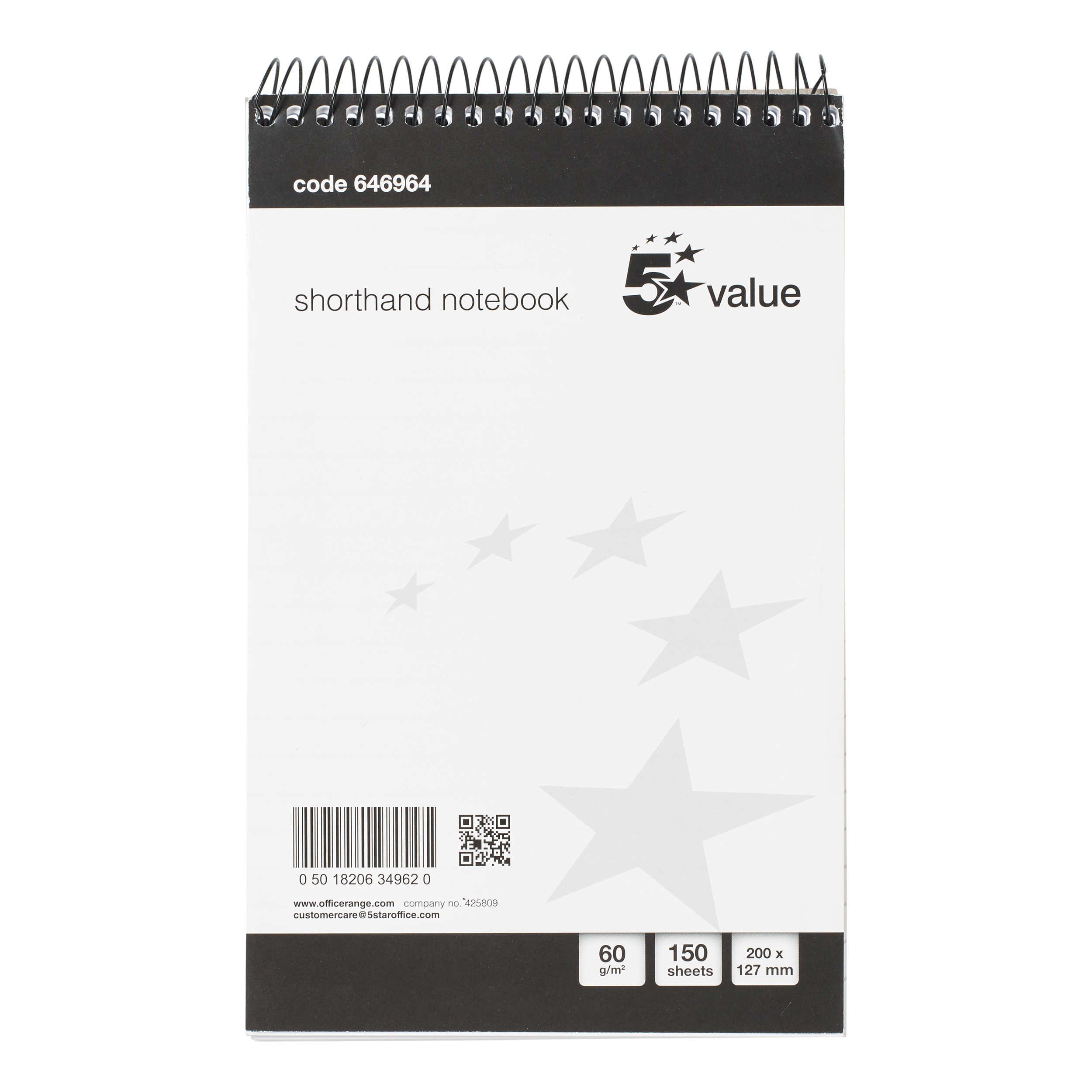 5+Star+Shorthand+Pad+Wirebound+60gsm+Ruled+300pp+127x200mm+Black%2FWhite+%28Pack+of+5%29