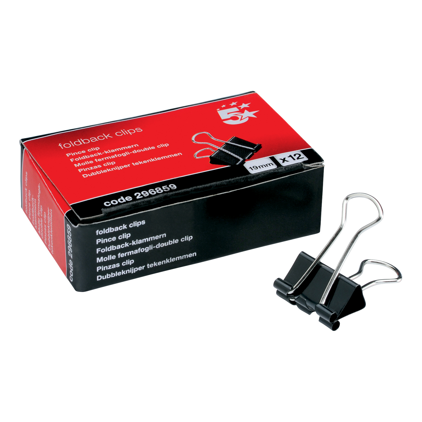 5+Star+Office+Foldback+Clips+19mm+Black+%28Pack+of+12%29