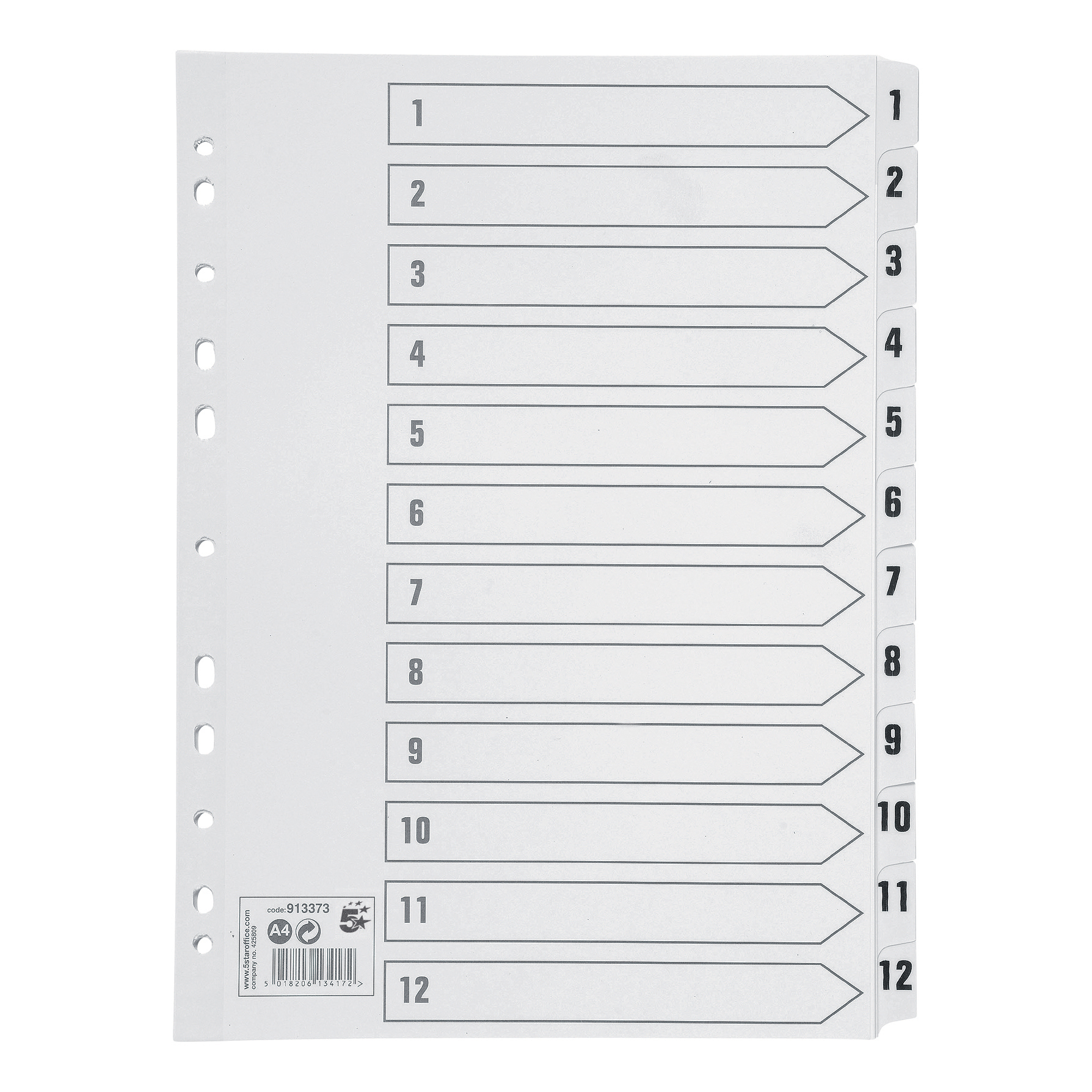 5+Star+Office+Index+1-12+Multipunched+Mylar-reinforced+Strip+Tabs+150gsm+A4+White