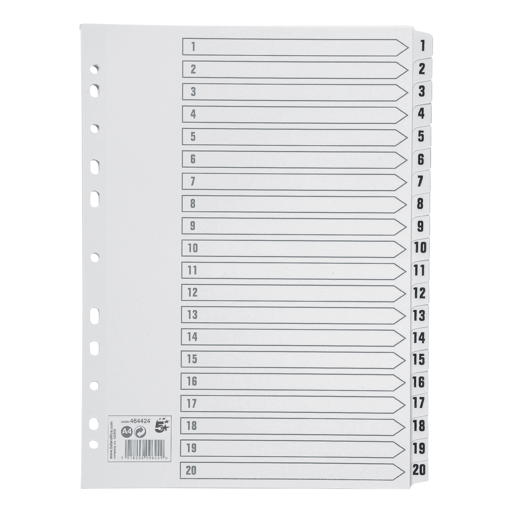 5+Star+Office+Index+1-20+Multipunched+Mylar-reinforced+Strip+Tabs+160gsm+A4+White