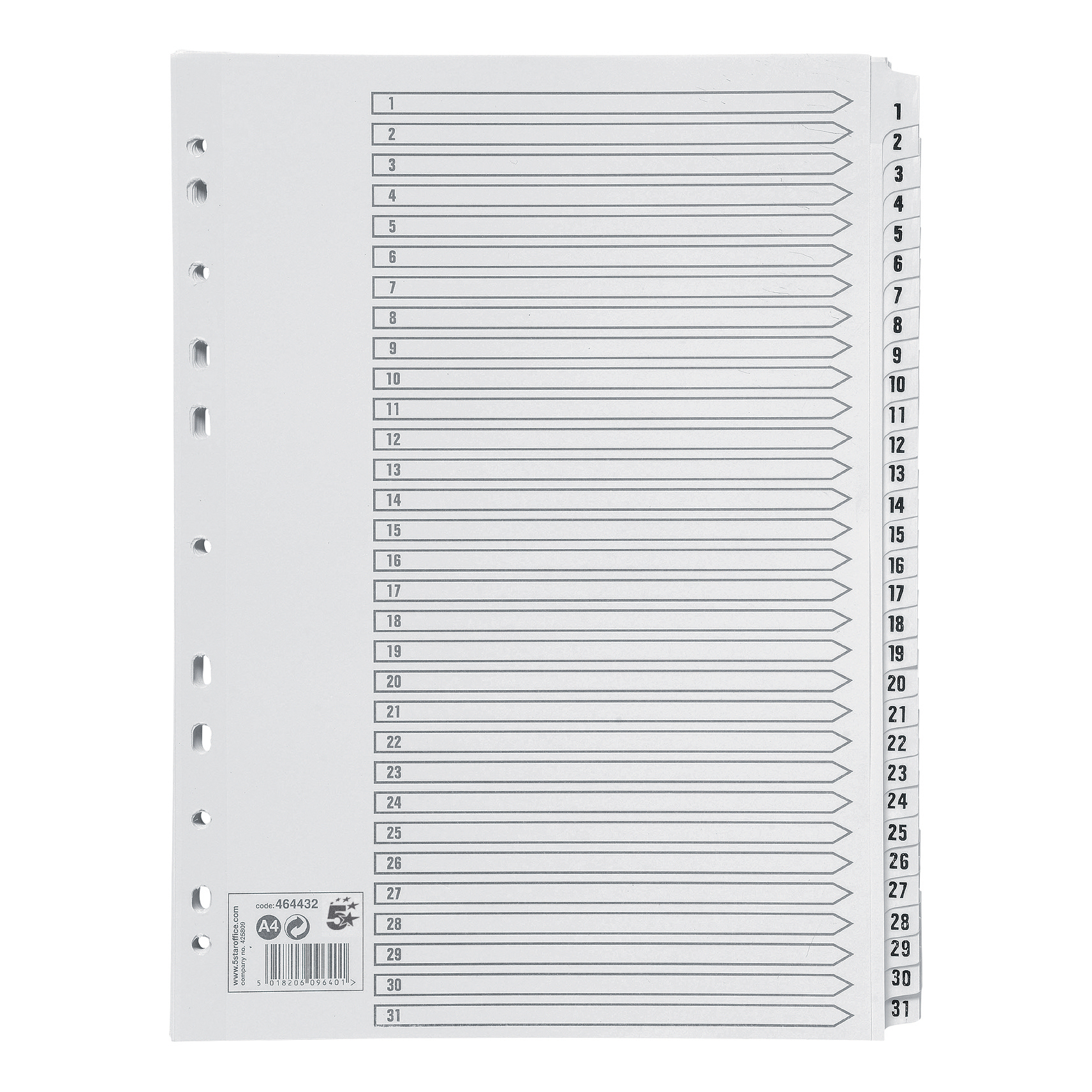 5+Star+Office+Index+1-31+Multipunched+Mylar-reinforced+Strip+Tabs+150gsm+A4+White