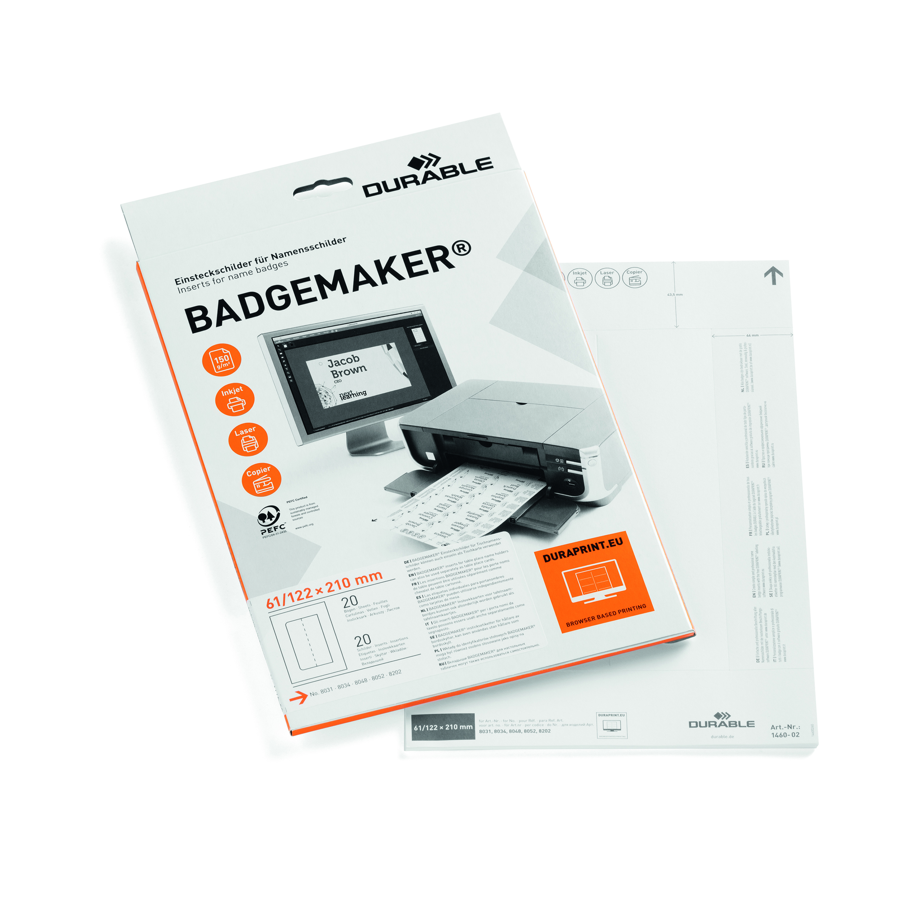 Durable+Badgemaker+Insert+Sheets+61x210mm+150gsm+White+%28Pack+of+20%29+146002