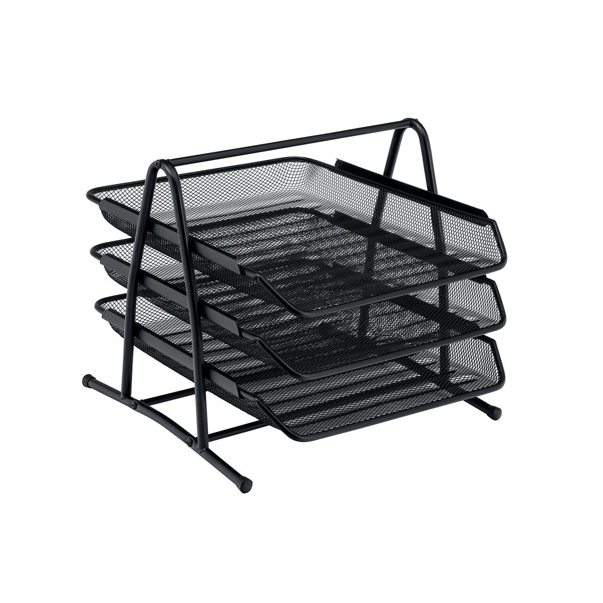 5+Star+Office+Mesh+Letter+Tray+3+Tier+Scratch+Resistant+Stackable+Front+Load+Portrait+Foolscap+Black