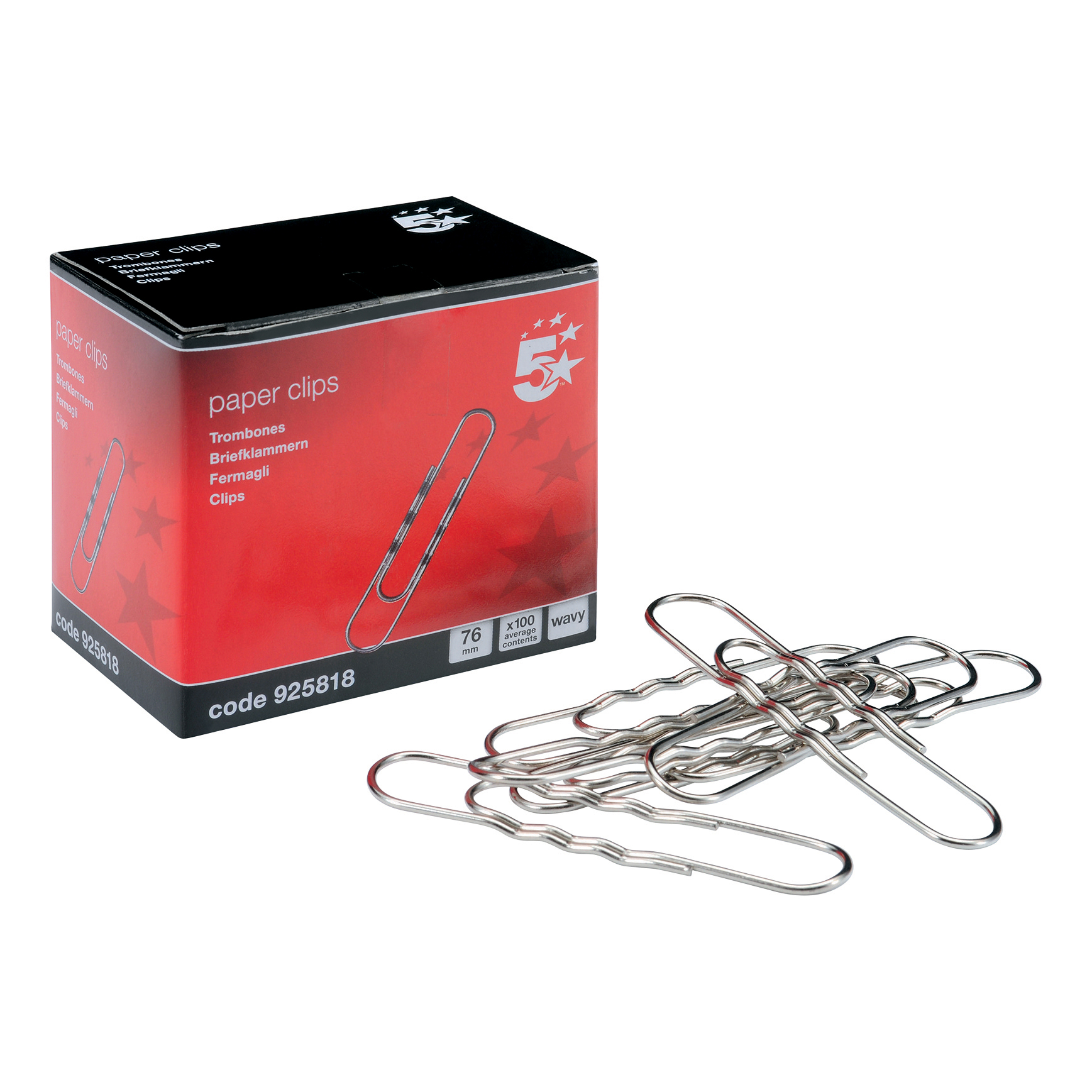 5+Star+Office+Paperclips+Wavy+Giant+Length+76mm+%28Pack+of+100%29