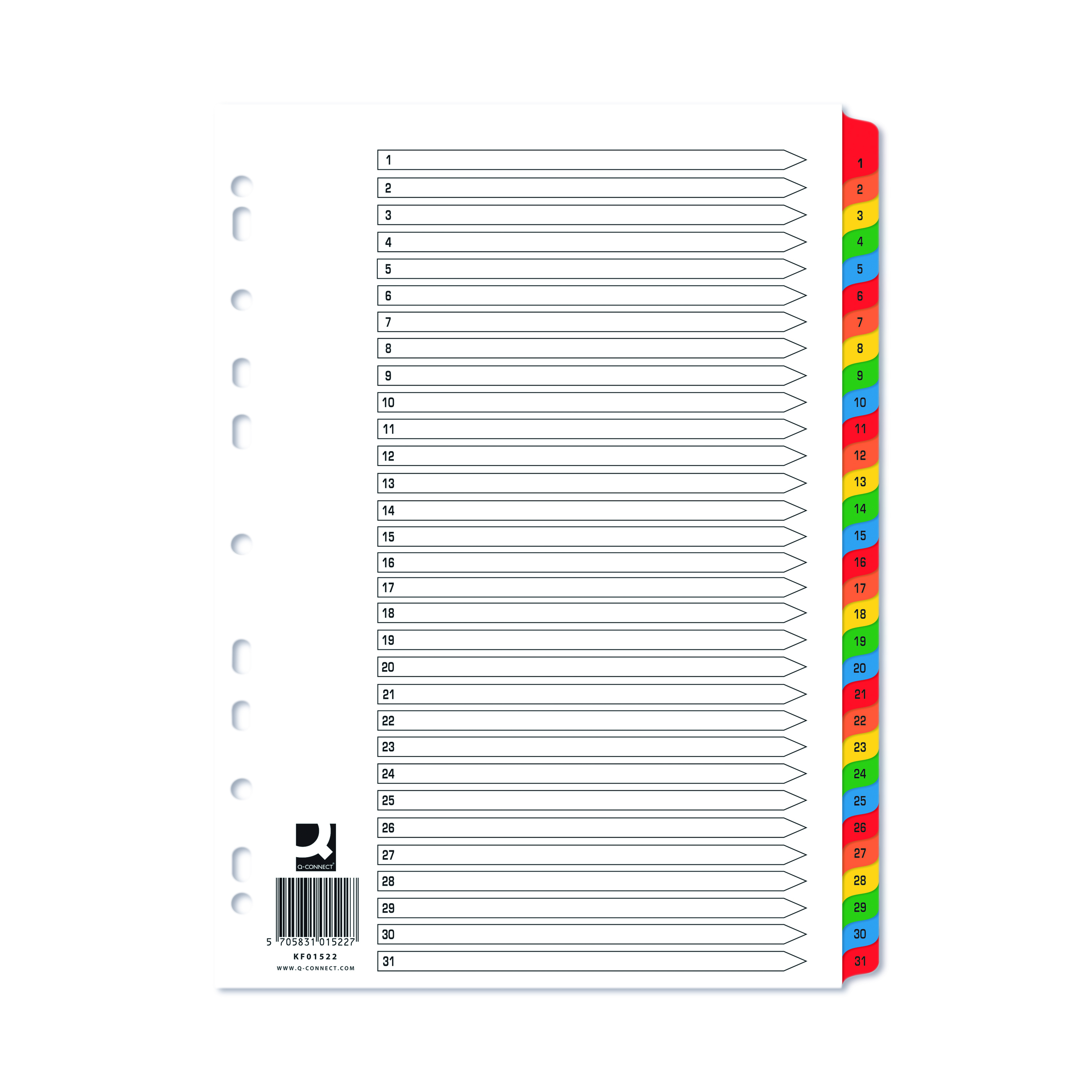 Q-Connect+1-31+Index+Multi-punched+Reinforced+Board+Multi-Colour+Numbered+Tabs+A4+White+KF01522