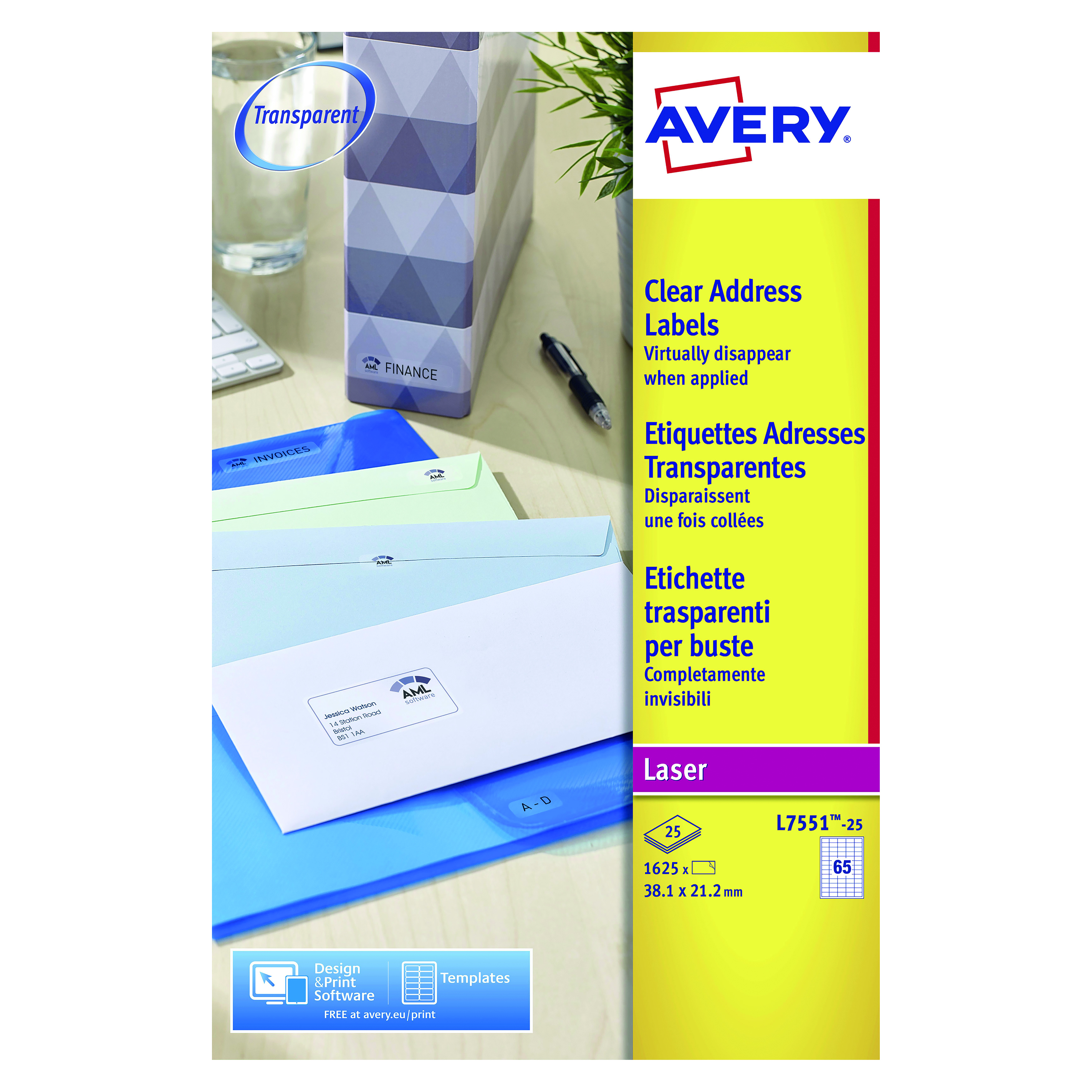 Avery+Laser+Mini+Labels+38x21mm+65+Per+Sheet+Clear+%28Pack+of+1625%29+L7551-25