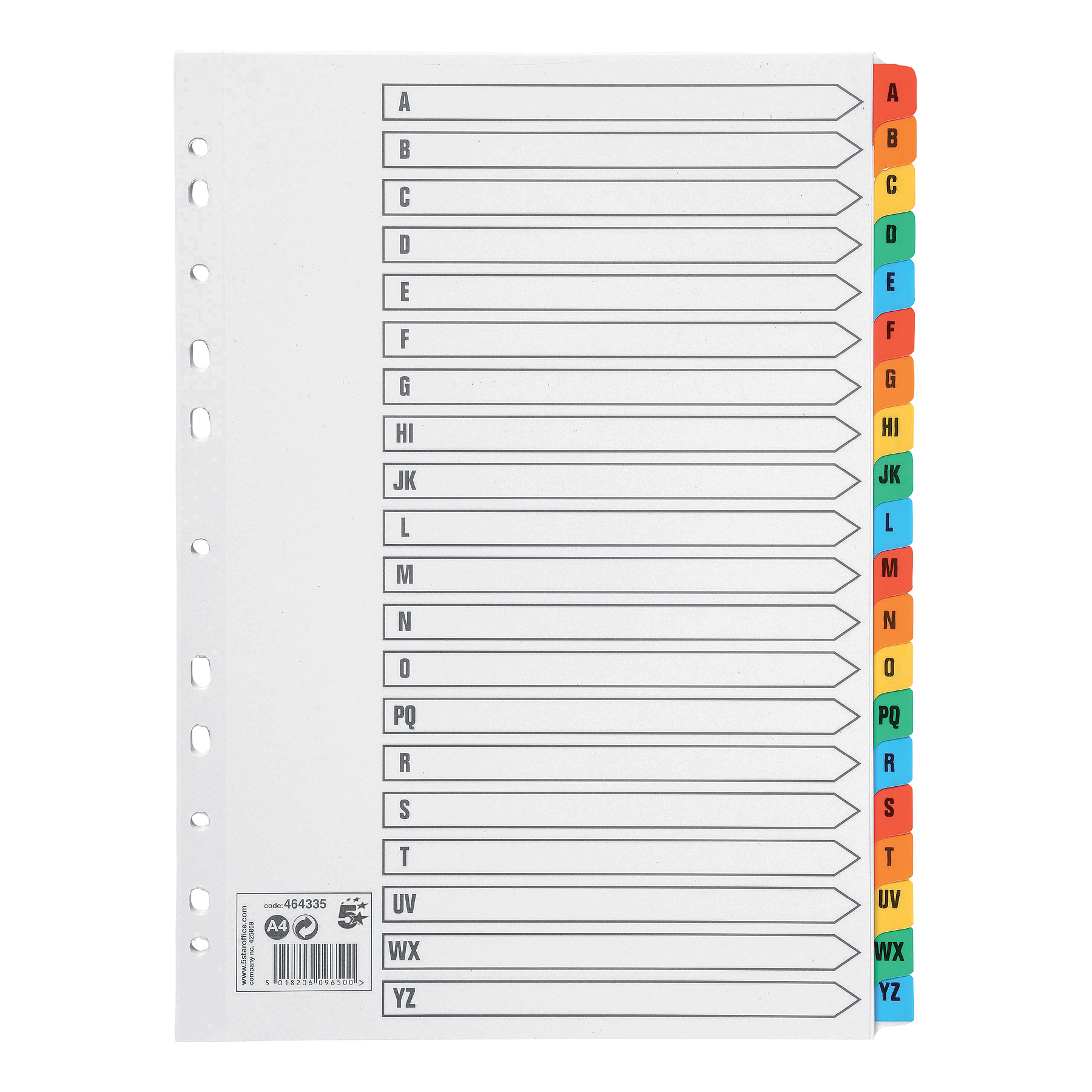 5+Star+Office+Index+A-Z+20-Part+Multipunched+Mylar-reinforced+Multicolour+Tabs+160gsm+A4+White