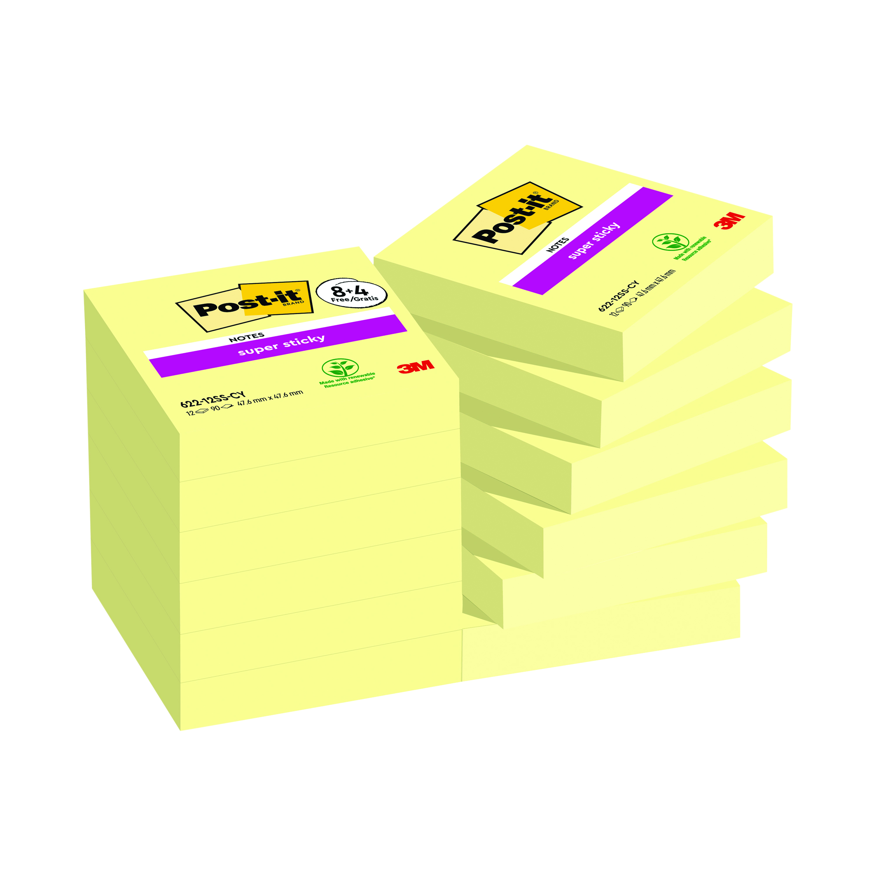 Post-it+Super+Sticky+Notes+47.6x47.6+90+Sheets+Canary+Yellow+8%2B4+FREE+%28Pack+of+12%29+622-SSCY-P8%2B4