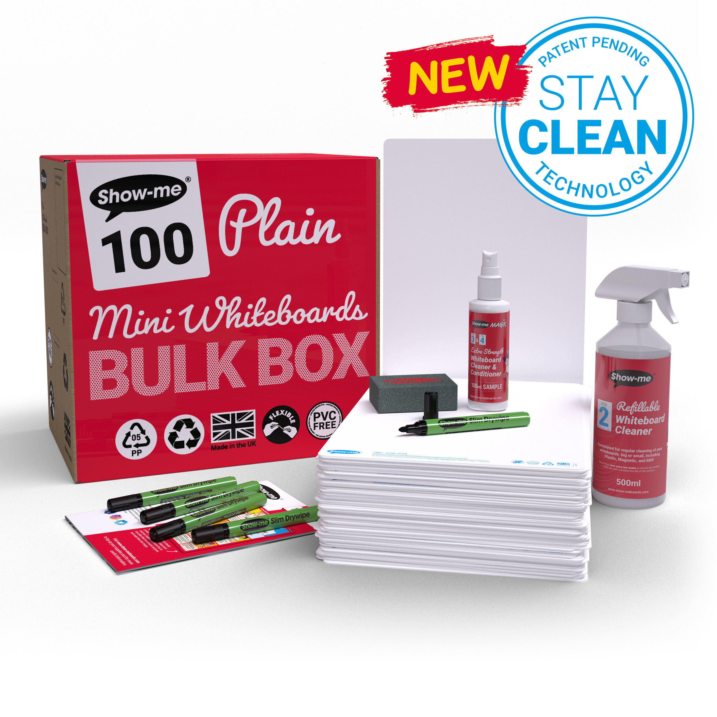 Show-me+StayClean+A4+Whiteboards+Plain%2FPlain+%28100+boards+pens+and+erasers+%2B+Free+cleaners%29+B%2FSMB