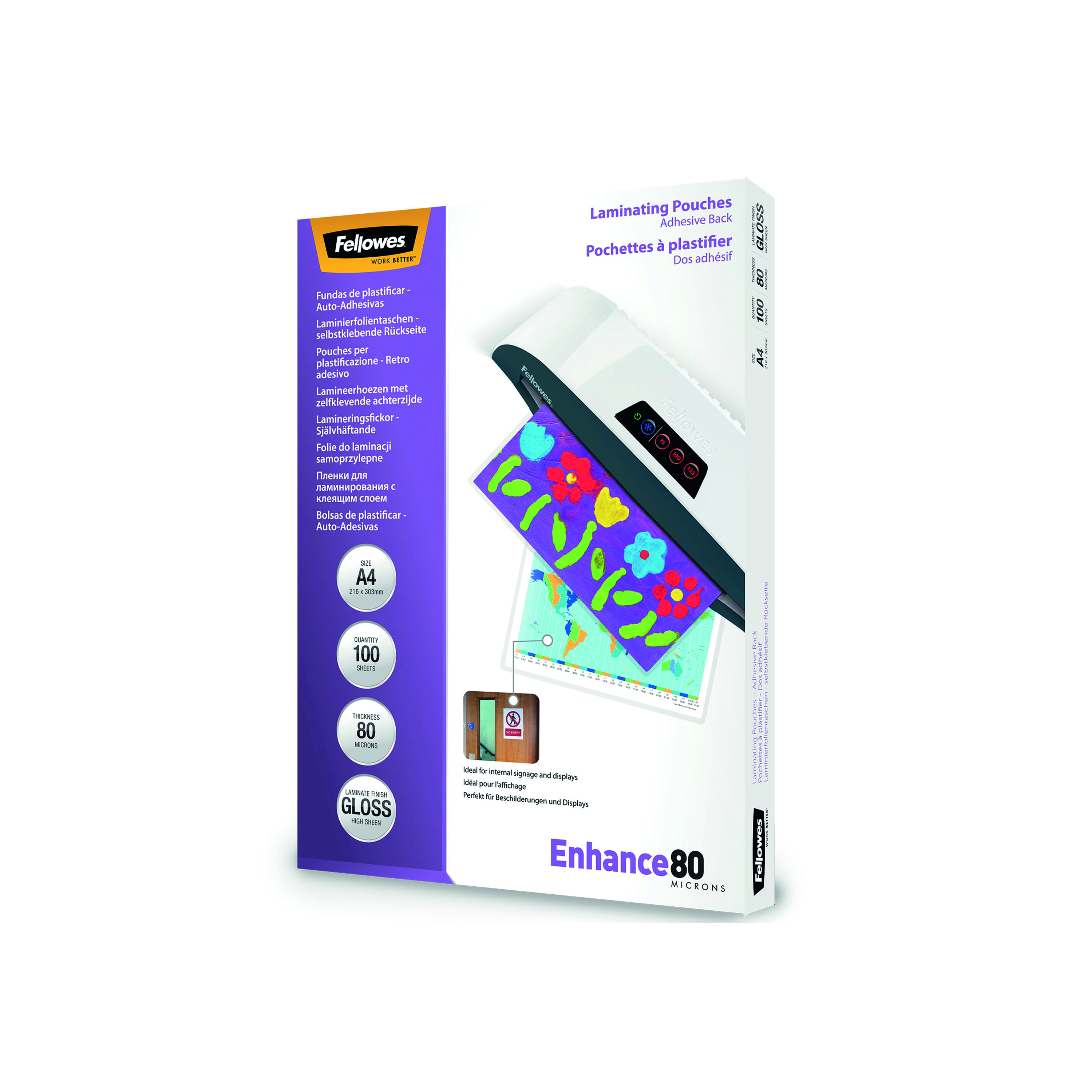 Fellowes+Enhance80+Self+Adhesive+Laminating+Pouch+A4+160+Micron+Total+Gloss+%28Pack+of+100%29+53022