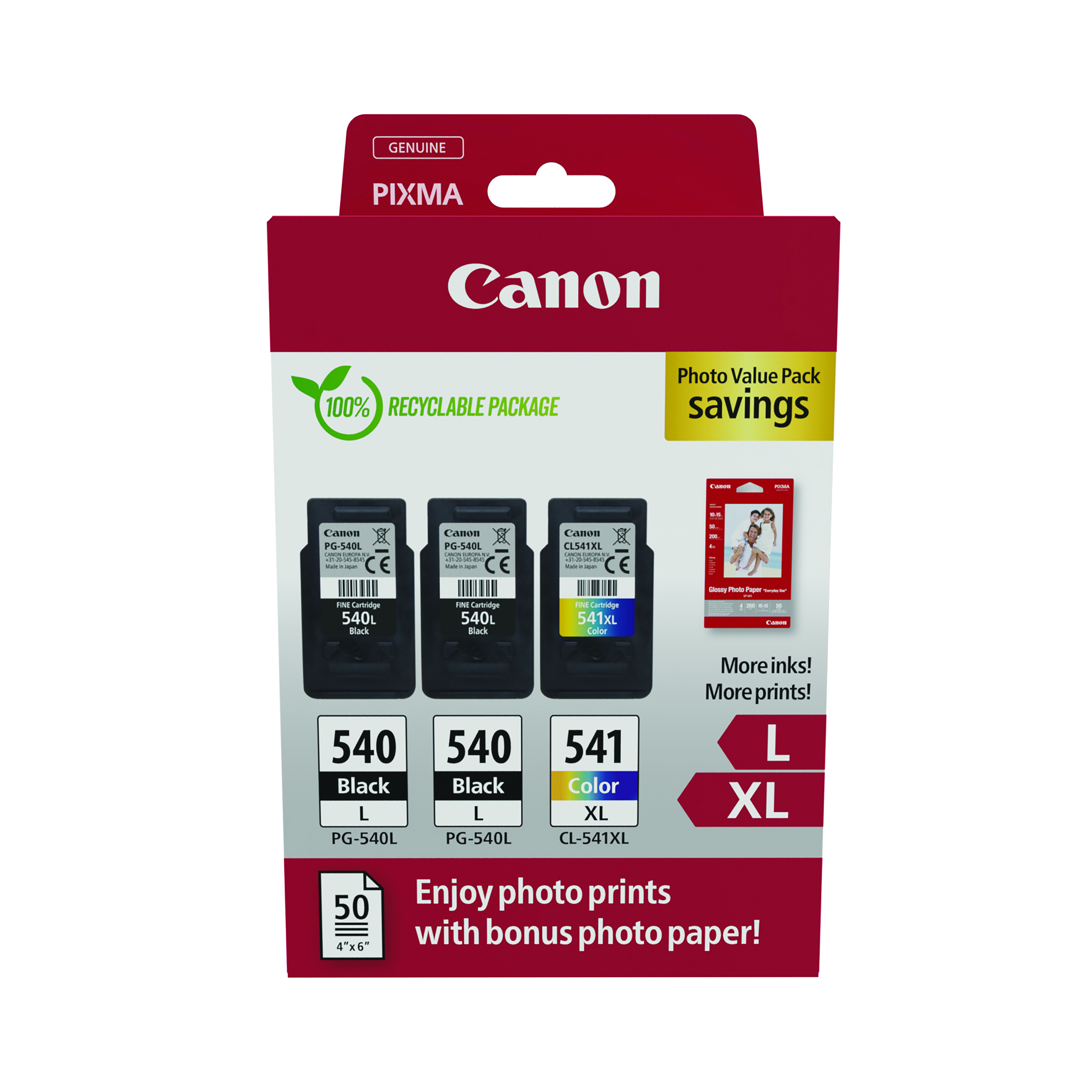 Canon+PG-540L+x+2%2FCL-541XL+Ink+Cartridges+K%2FCMY+%2B+4+x+6+in+Photo+Paper+Value+Pack+5224B015