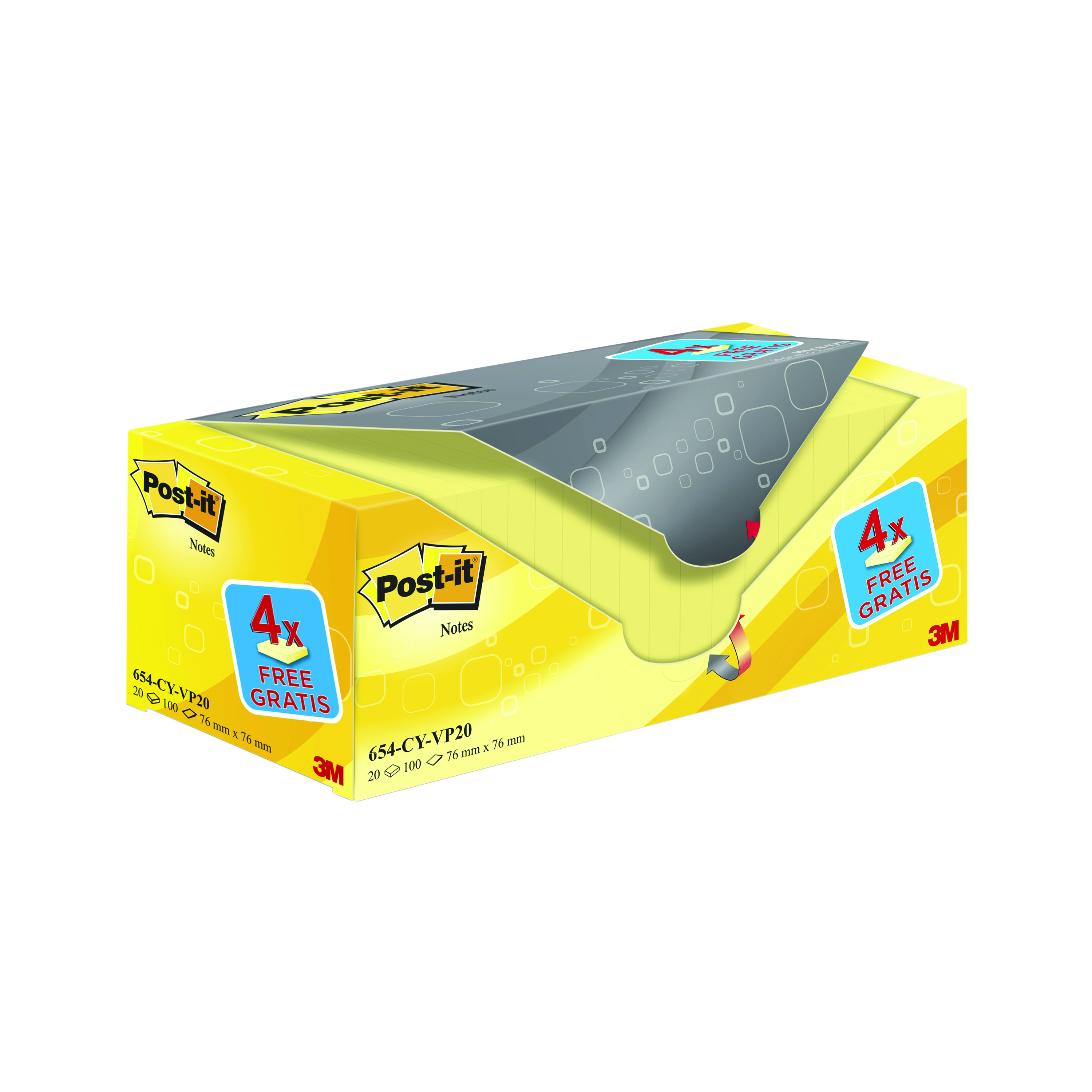 Post-it+Notes+76x76mm+Canary+Yellow+VALUE+PACK+4+FREE+Pads+%28Pack+of+20%29+654CY-VP20