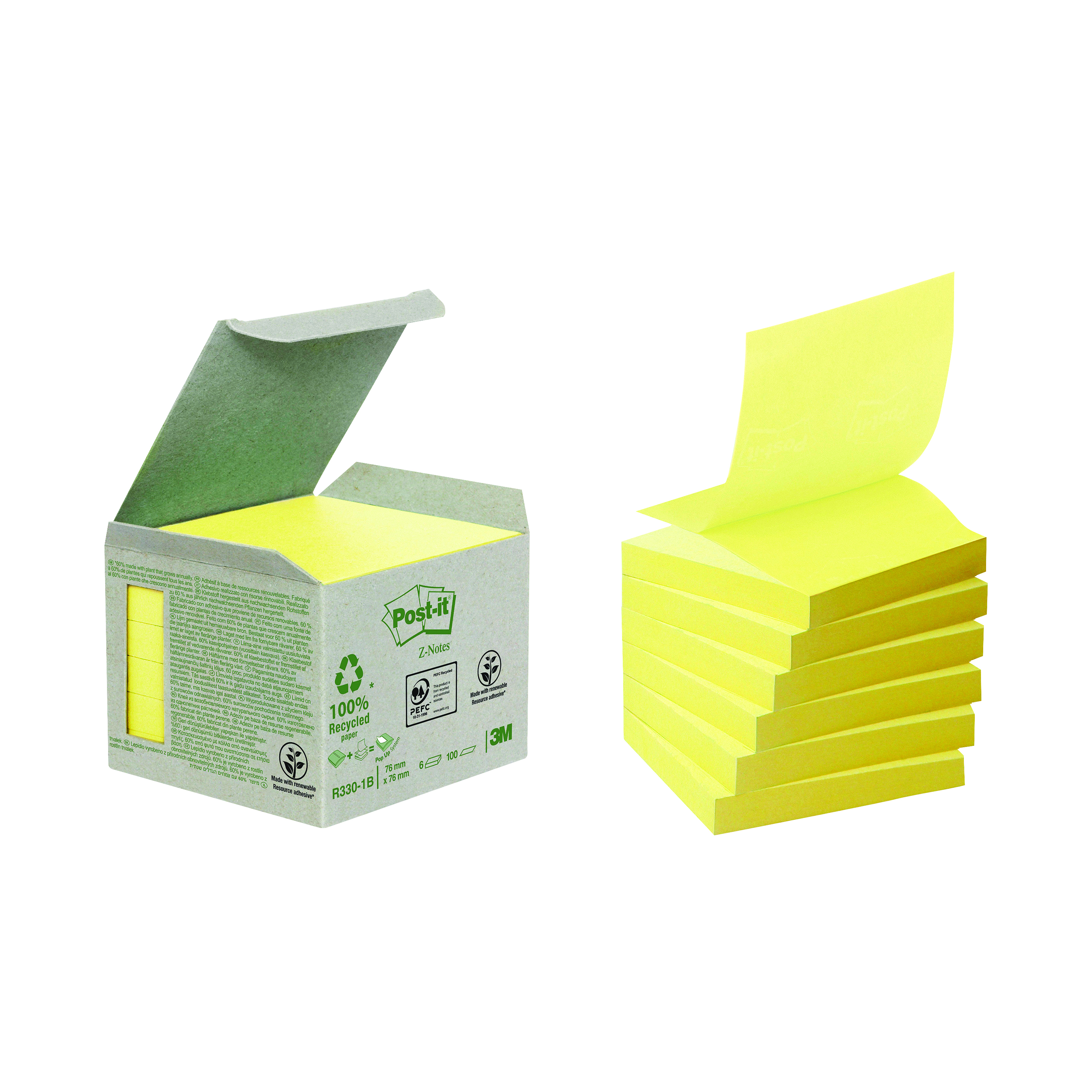 Post-it+Recycled+Z-Notes+76+x+76mm+Cardboard+Packaging+Canary+Yellow+%286+Pack%29+R330-1B