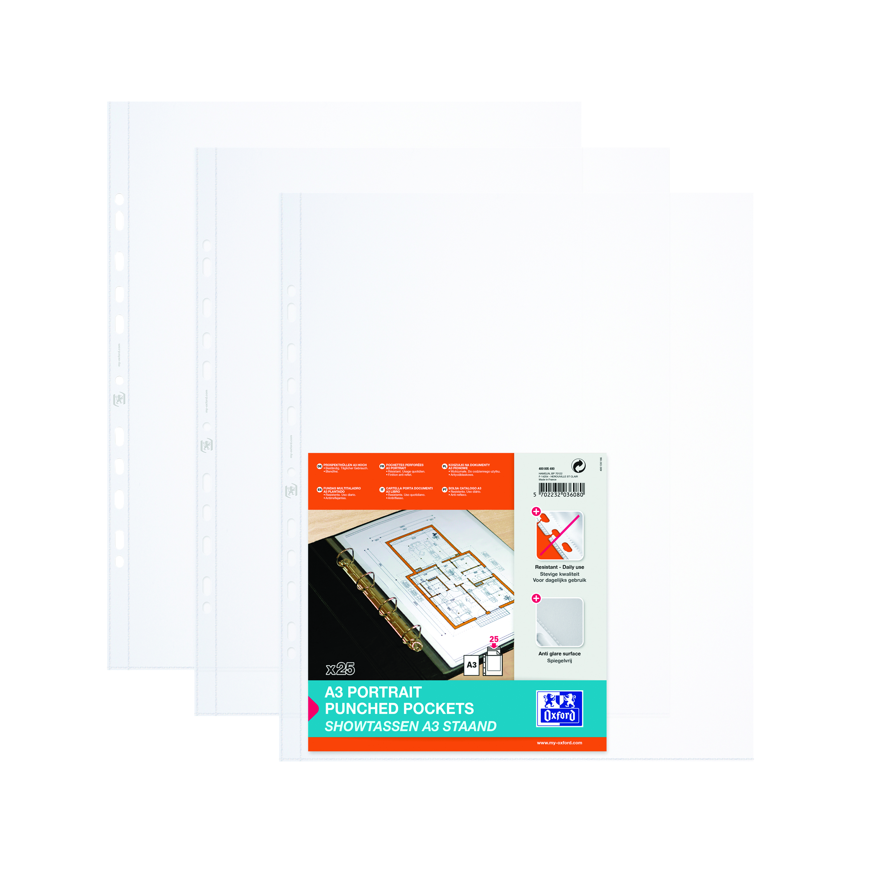 Oxford+Punched+Pocket+A3+Portrait+Polypropylene+Clear+4x25+%28Pack+of+100%29+400005480