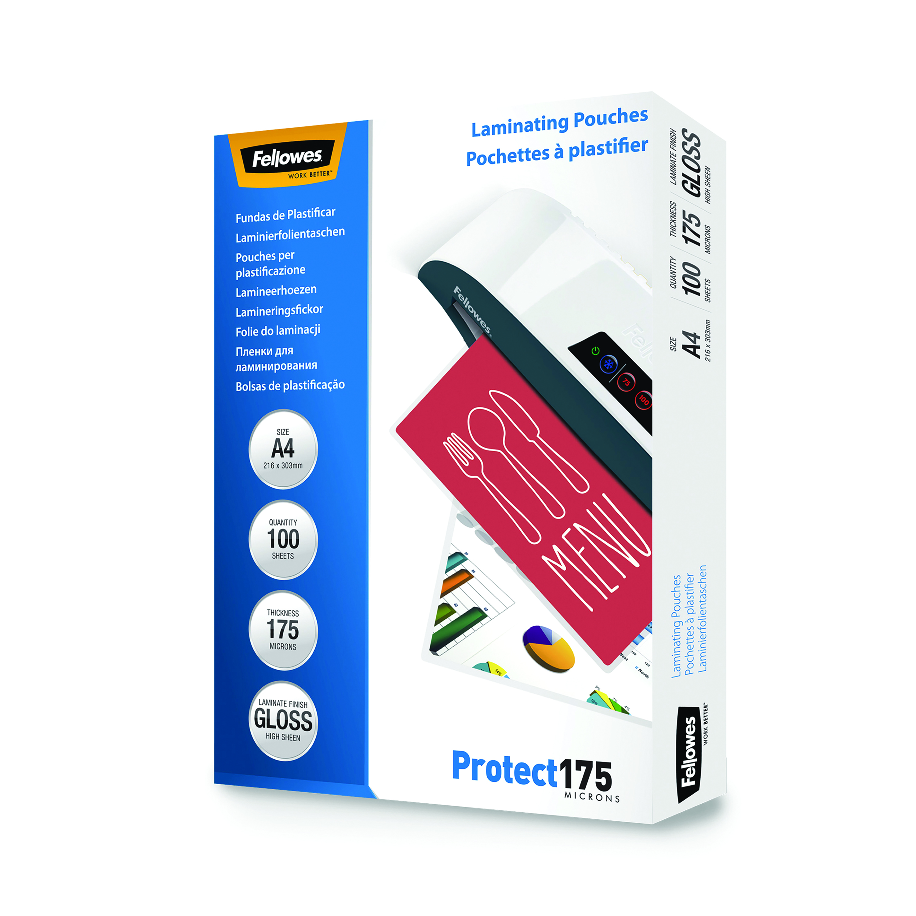 Fellowes+Protect175+Laminating+Pouch+A4+350+Micron+Total+Thickness+Gloss+%28Pack+of+100%29+53087