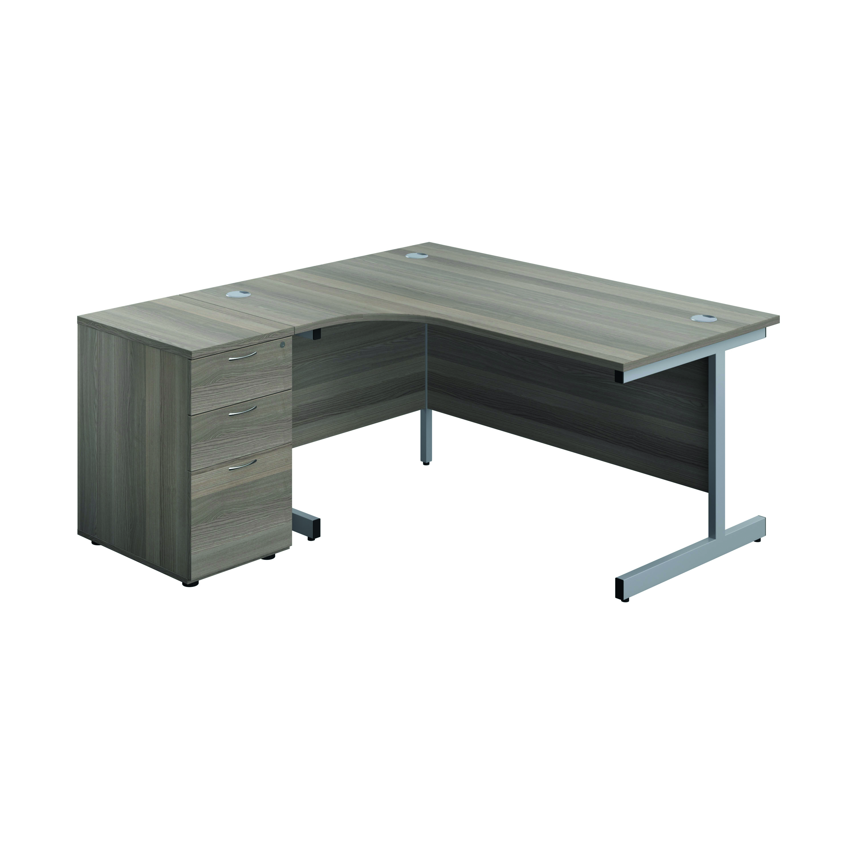 Jemini+Radial+Left+Hand+Desk+1600x800-1200x730mm+Grey+Oak%2FSilver+600mm+Desk+High+Pedestal+KF822671