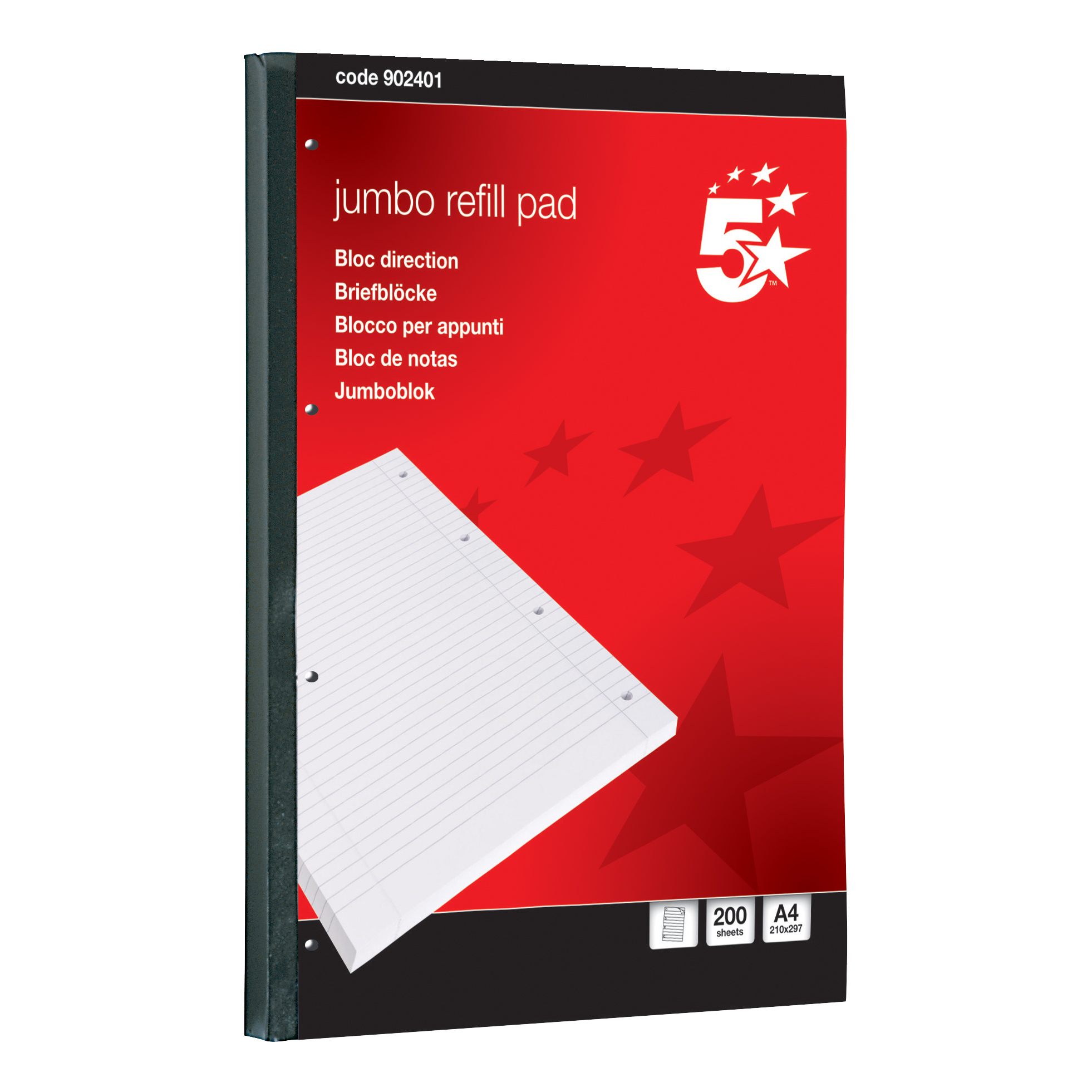 5+Star+Office+Jumbo+Refill+Pad+Sidebound+60gsm+Ruled+Margin+Punched+4+Holes+400pp+A4+Red+%28Pack+of+4%29