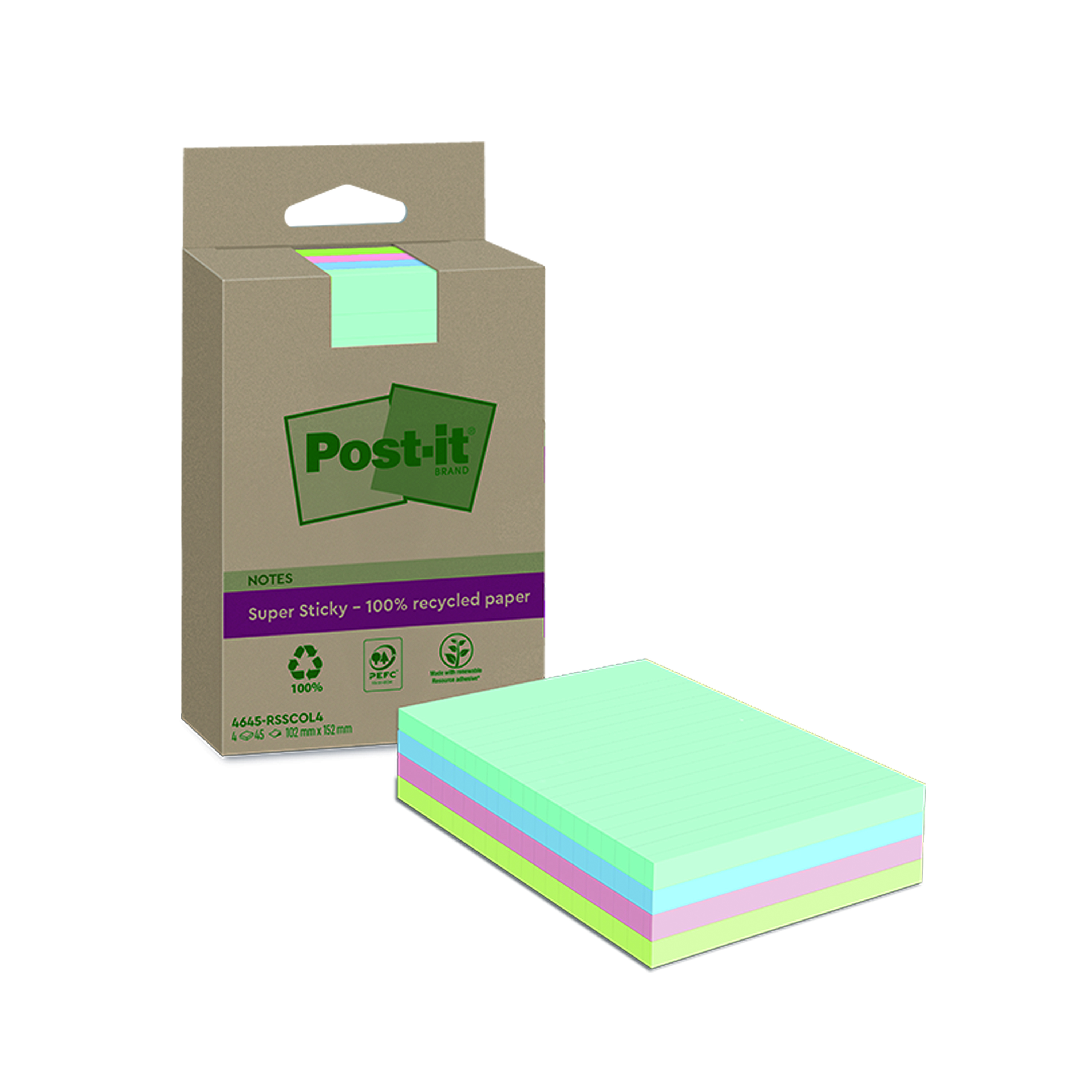 Post-it+Super+Sticky+Recycled+Notes+Lined+102x152mm+45+Sheets+Assorted+%28Pack+of+4%29+4645-RSSCOL4