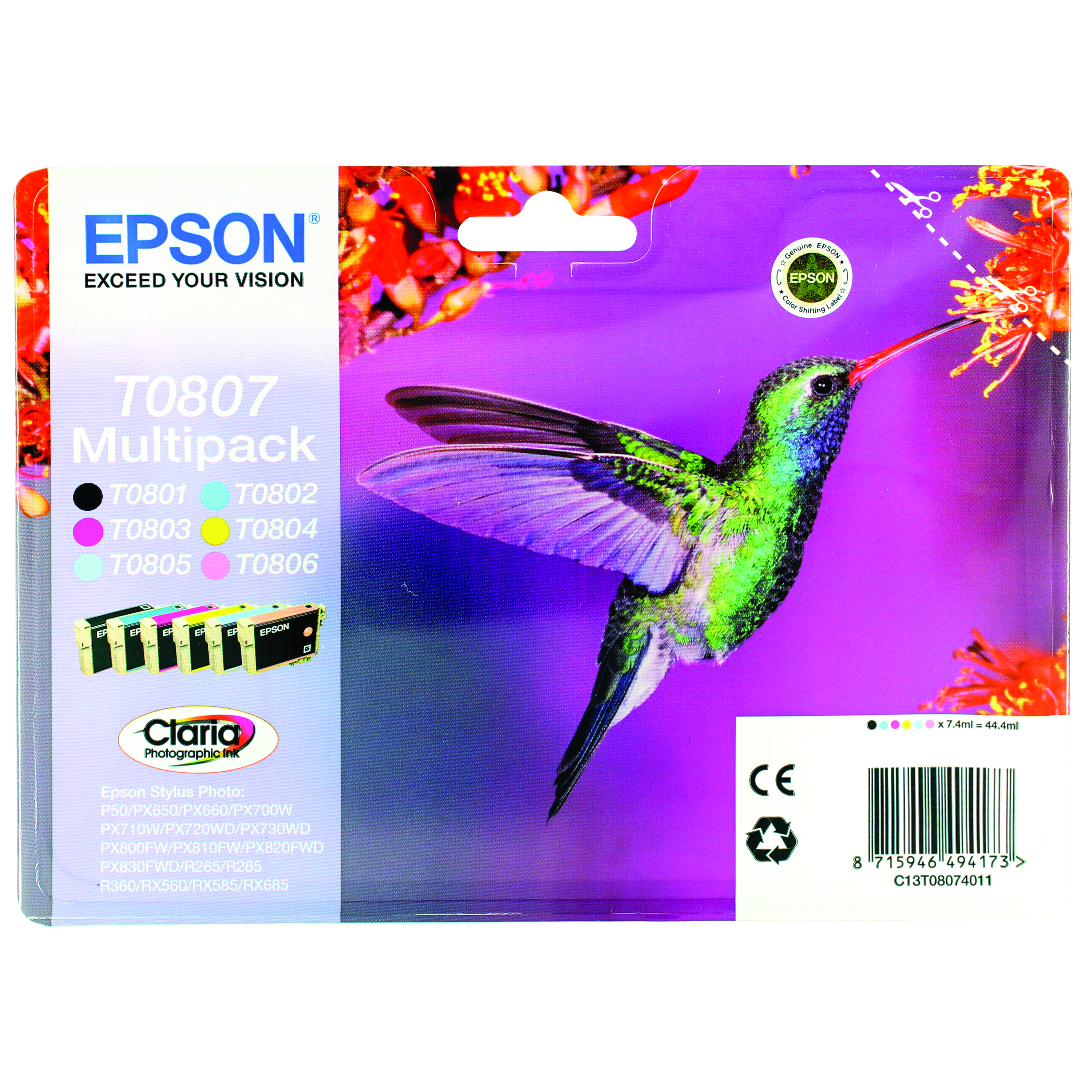 Epson+T0807+Hummingbird+Claria+Photographic+Ink+Cartridge+CMYK%2FLt+Cyan%2FLt+Mag+Multipack+C13T08074011