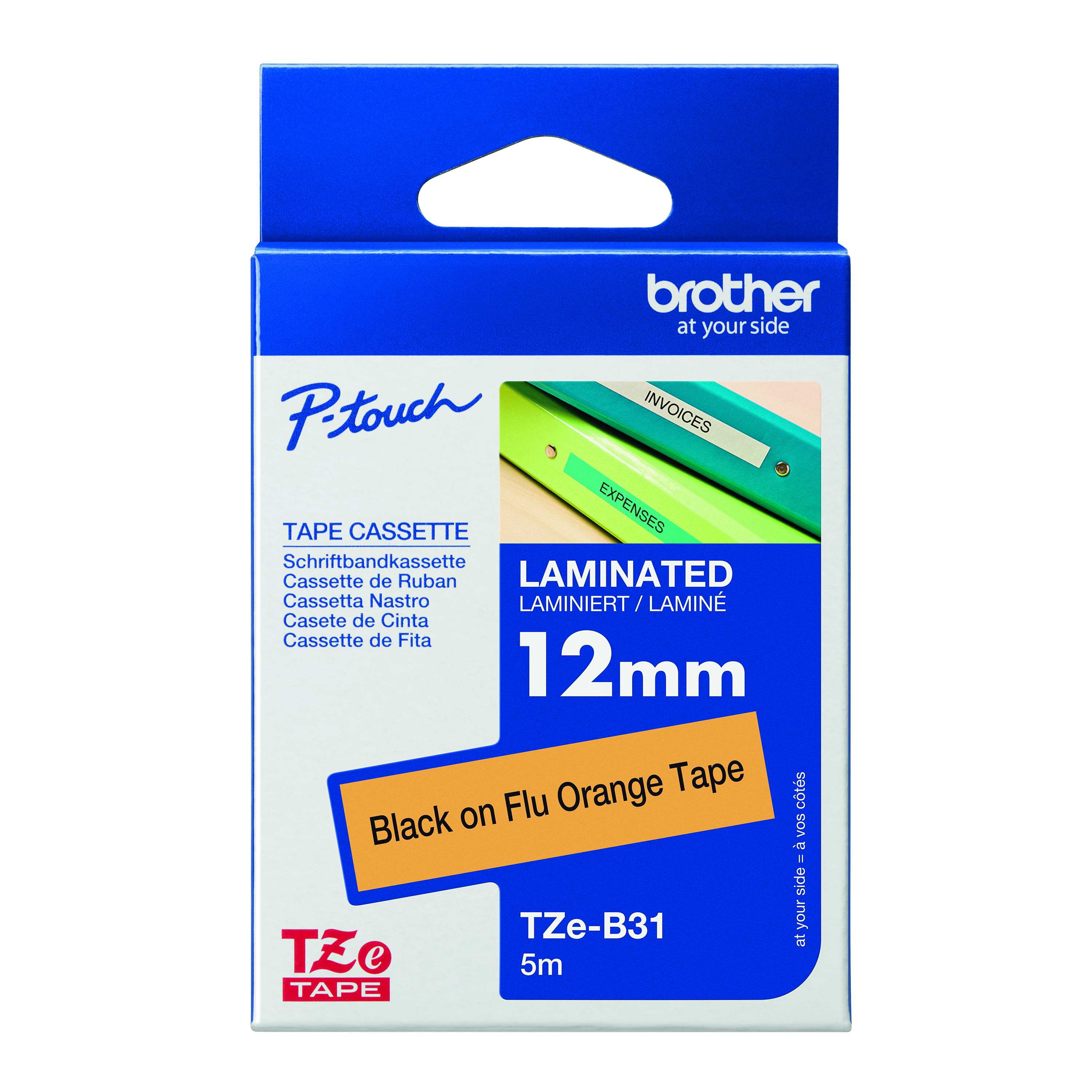 Brother+P-Touch+TZe+Lam+Tape+Cassette+12mm+x+8m+Black+on+Fluorescent+Orange+Tape+TZEB31