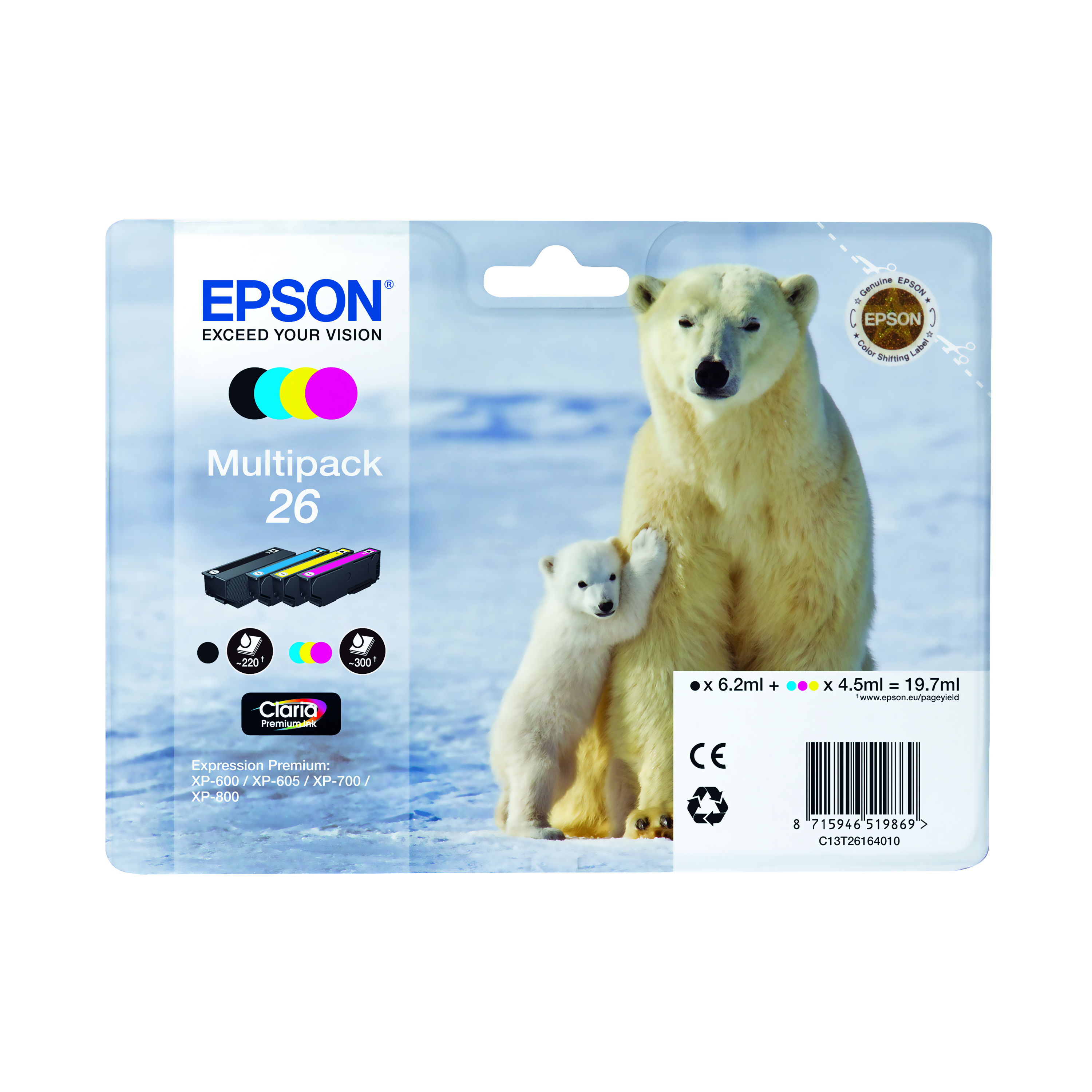 Epson+26+Polar+Bear+Claria+Premium+Ink+Cartridge+CMYK+Multipack+C13T26164010