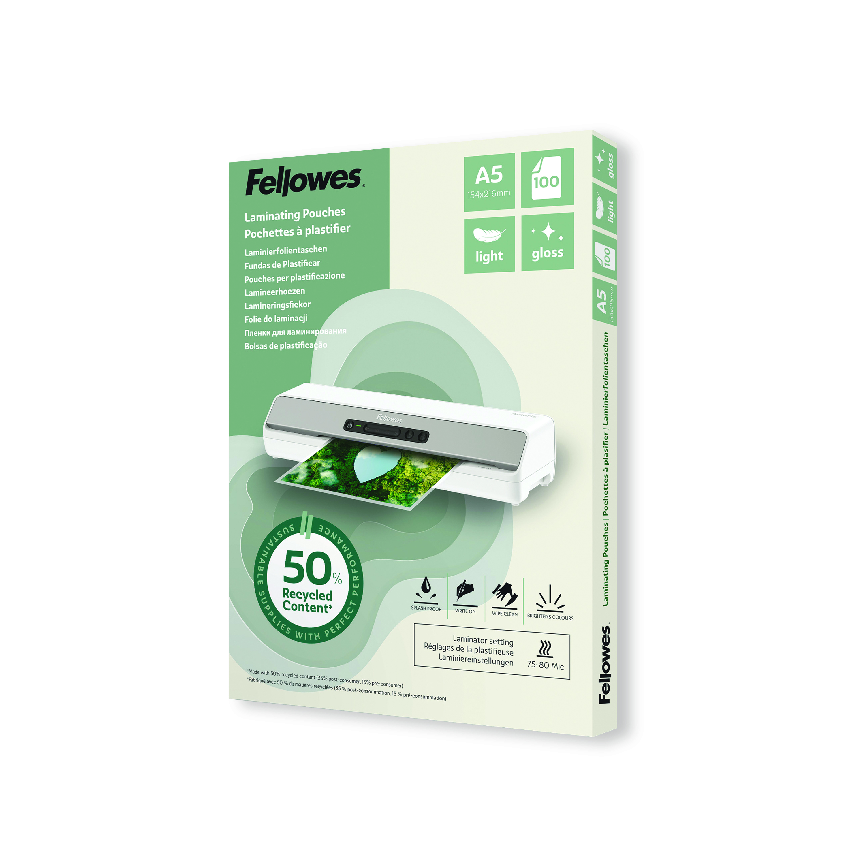 Fellowes+Recycled+Laminating+Pouches+80+Micron+A5+Gloss+%28Pack+of+100%29+100143440
