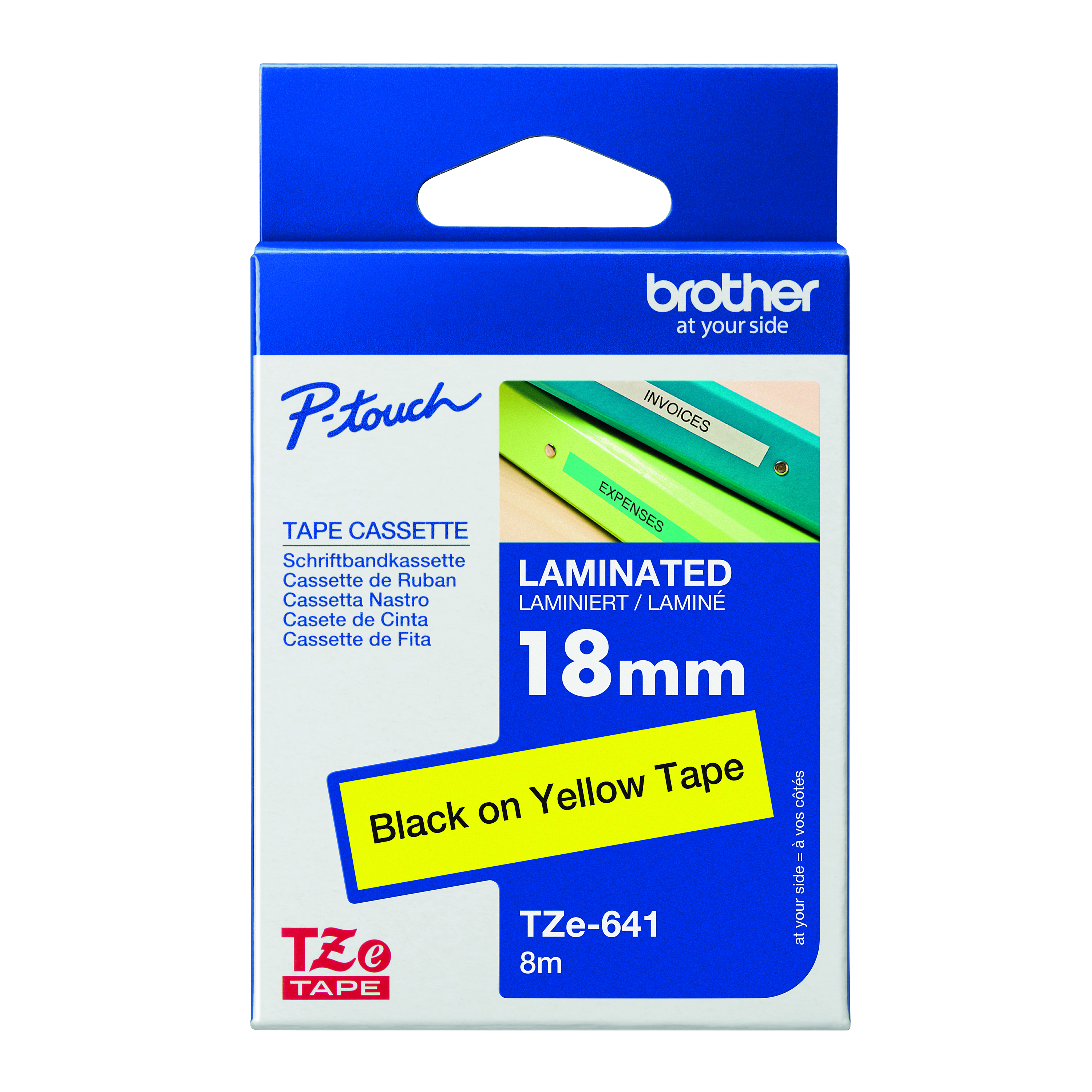 Brother+P-Touch+TZe+Lam+Tape+Cassette+18mm+x+8m+Black+on+Yellow+Tape+TZE641