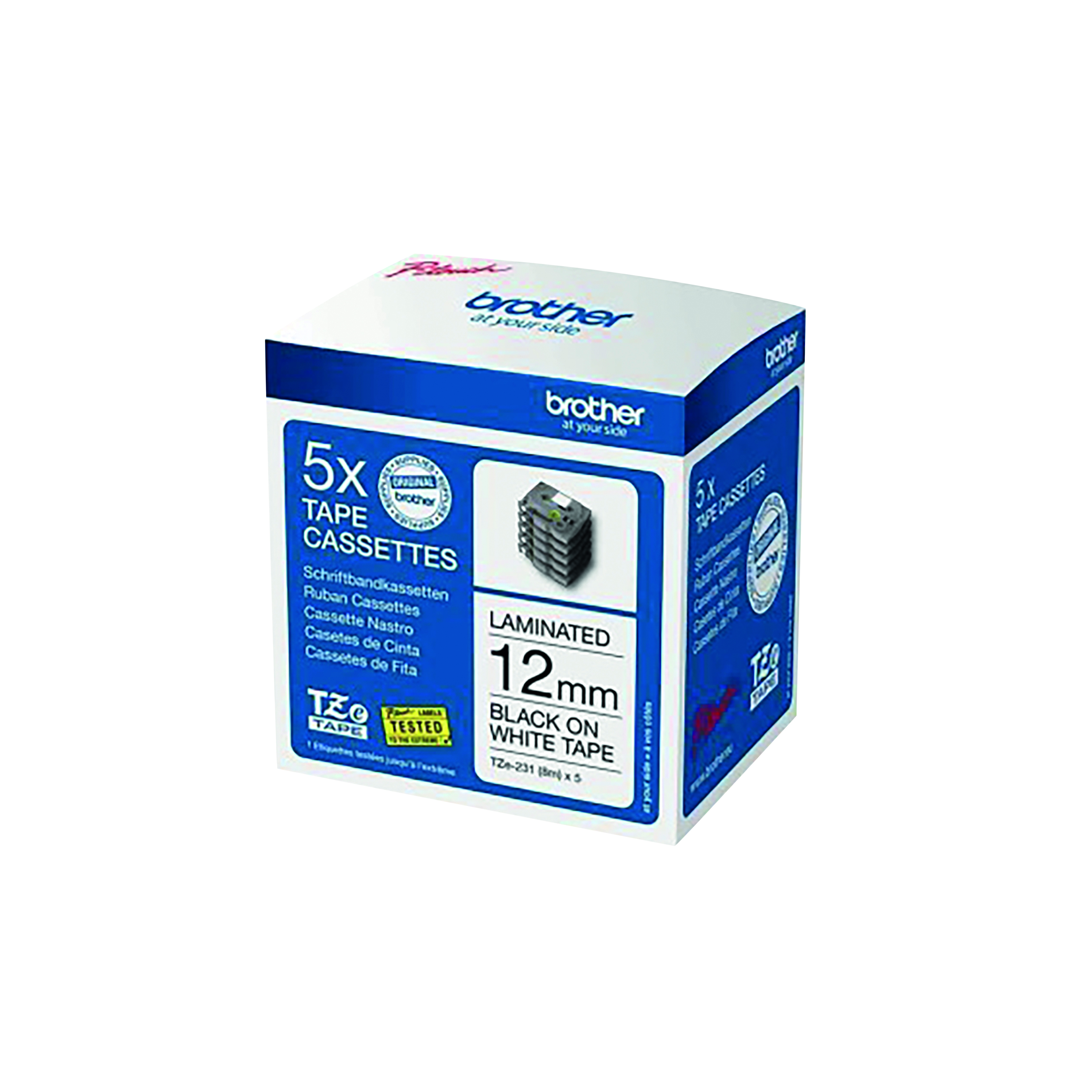 Brother+P-Touch+Tze+Lam+Labelling+Tape+Cassettes+12mmx8m+Black%2FWhite+Tape+%28Pack+of+5%29+TZE231M5