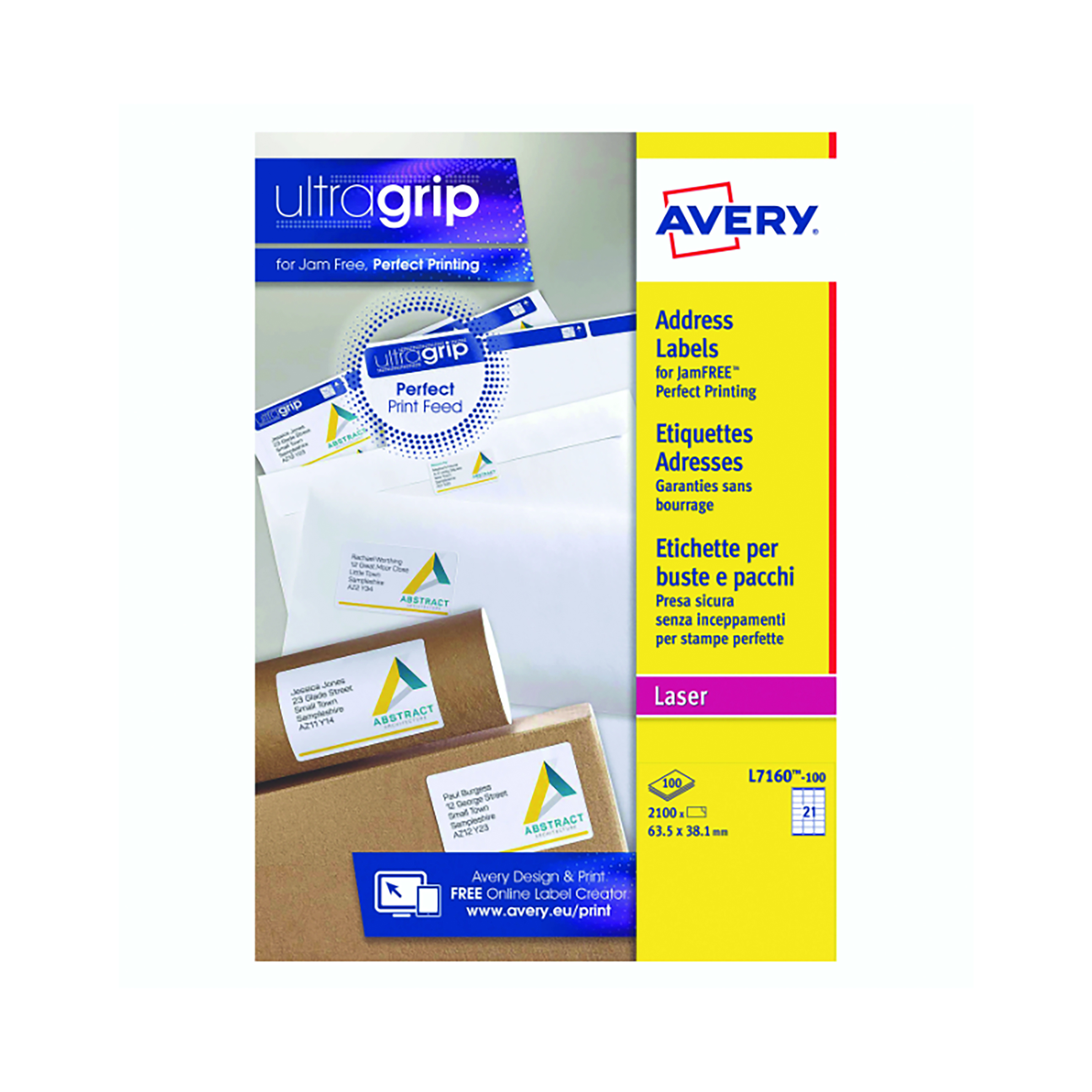 Avery+Ultragrip+Laser+Address+Labels+QuickPEEL+63.5x38.1mm+21+Per+Sheet+Wht+%28Pack+of+2100%29+L7160-100