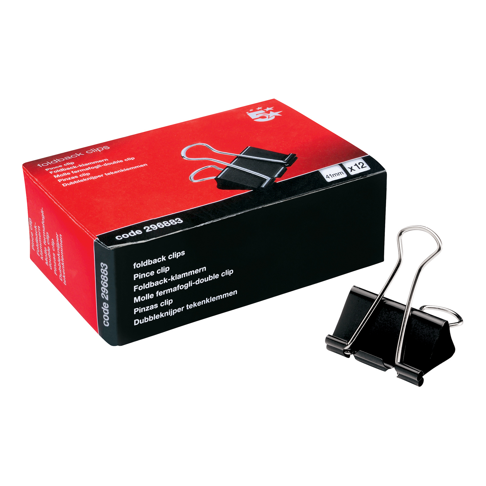 5+Star+Office+Foldback+Clips+41mm+Black+%28Pack+of+12%29