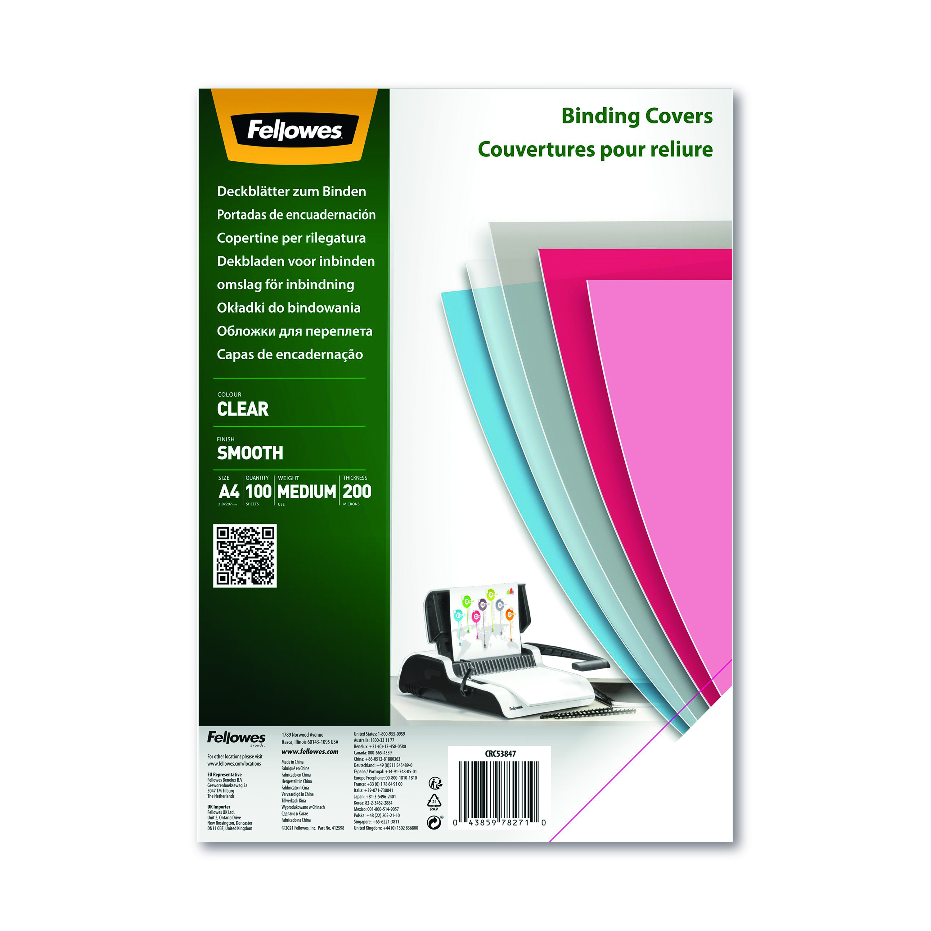 Fellowes+Binding+Covers+for+Comb+and+Wire+Binding+Machines+A4+200+Mic+Clear+PET+%28Pack+100%29+5384701