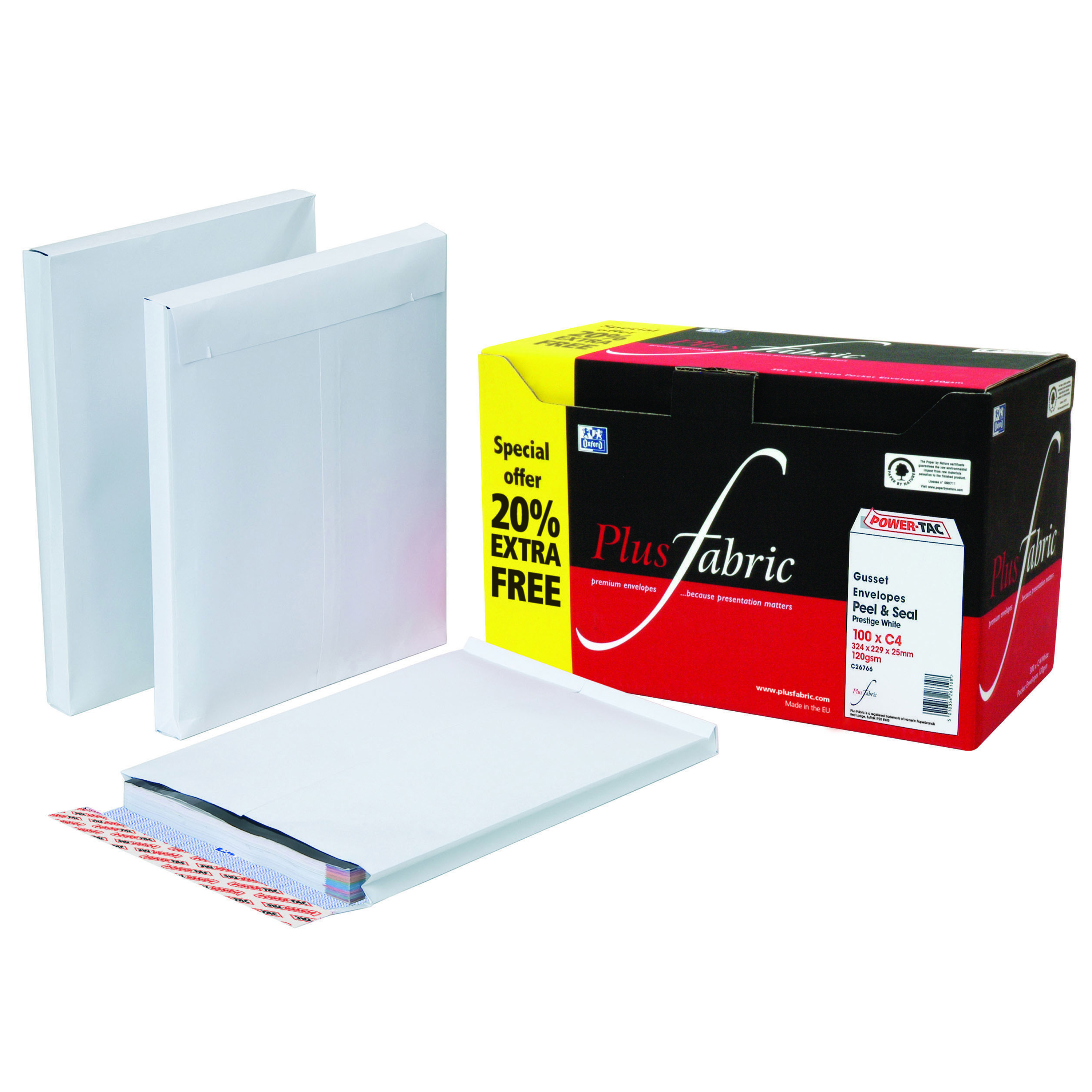 Plus+Fabric+Gusset+C4+Envelopes+Peel+and+Seal+120gsm+White+%28Pack+of+100%29+C26766