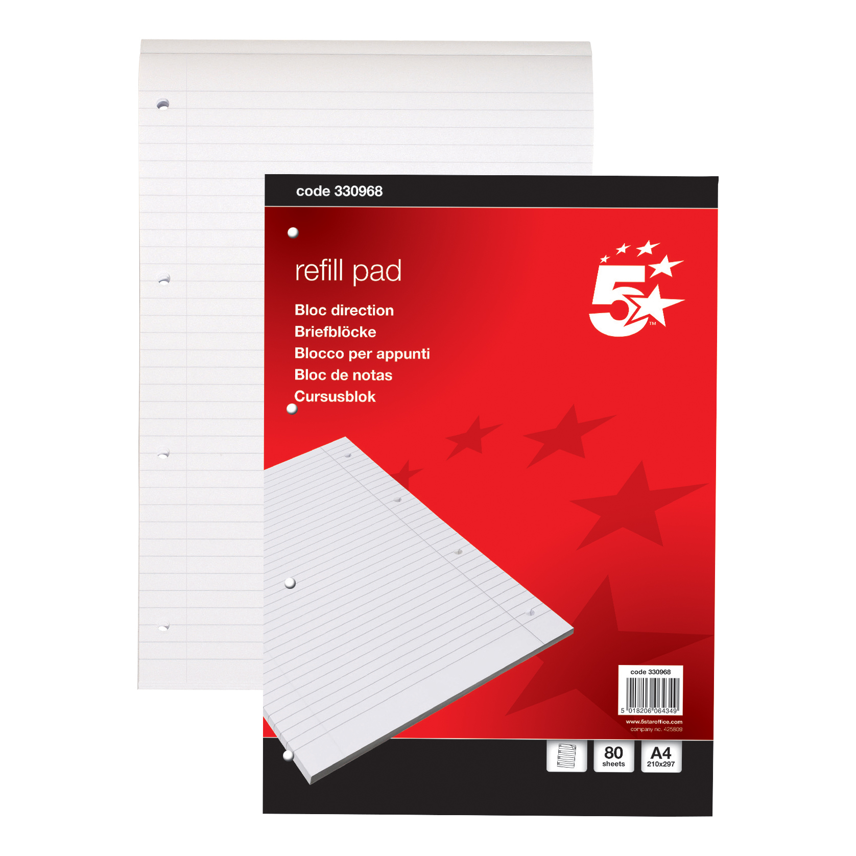 5+Star+Office+Refill+Pad+Headbound+60gsm+Ruled+Margin+Punched+4+Hole+160pp+A4+Red%2FWhite+%28Pack+of+10%29