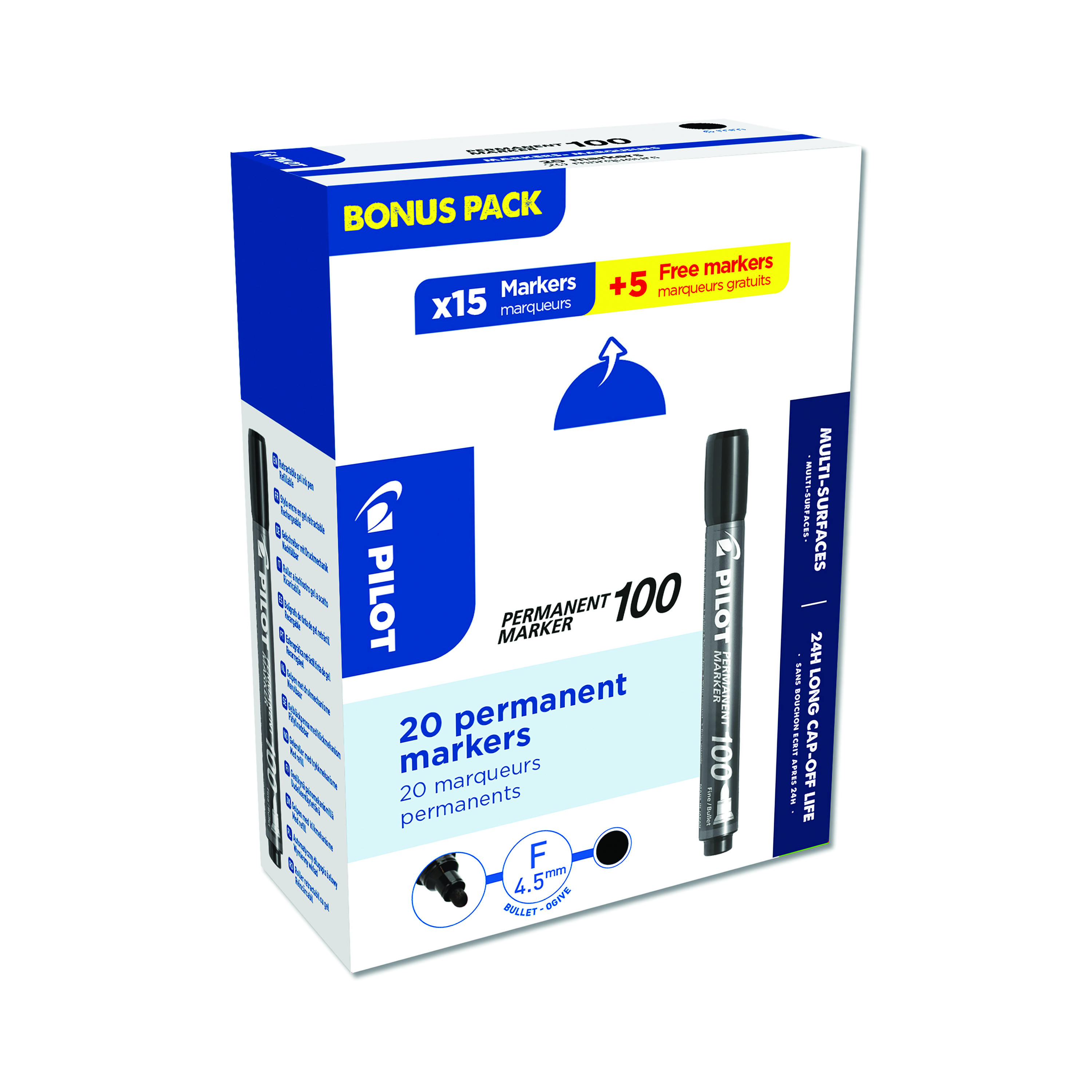 Pilot+Permanent+Marker+100+Bullet+Tip+Black+Value+Pack+15+%2B+5+FREE+%28Pack+of+20%29+3131910501268