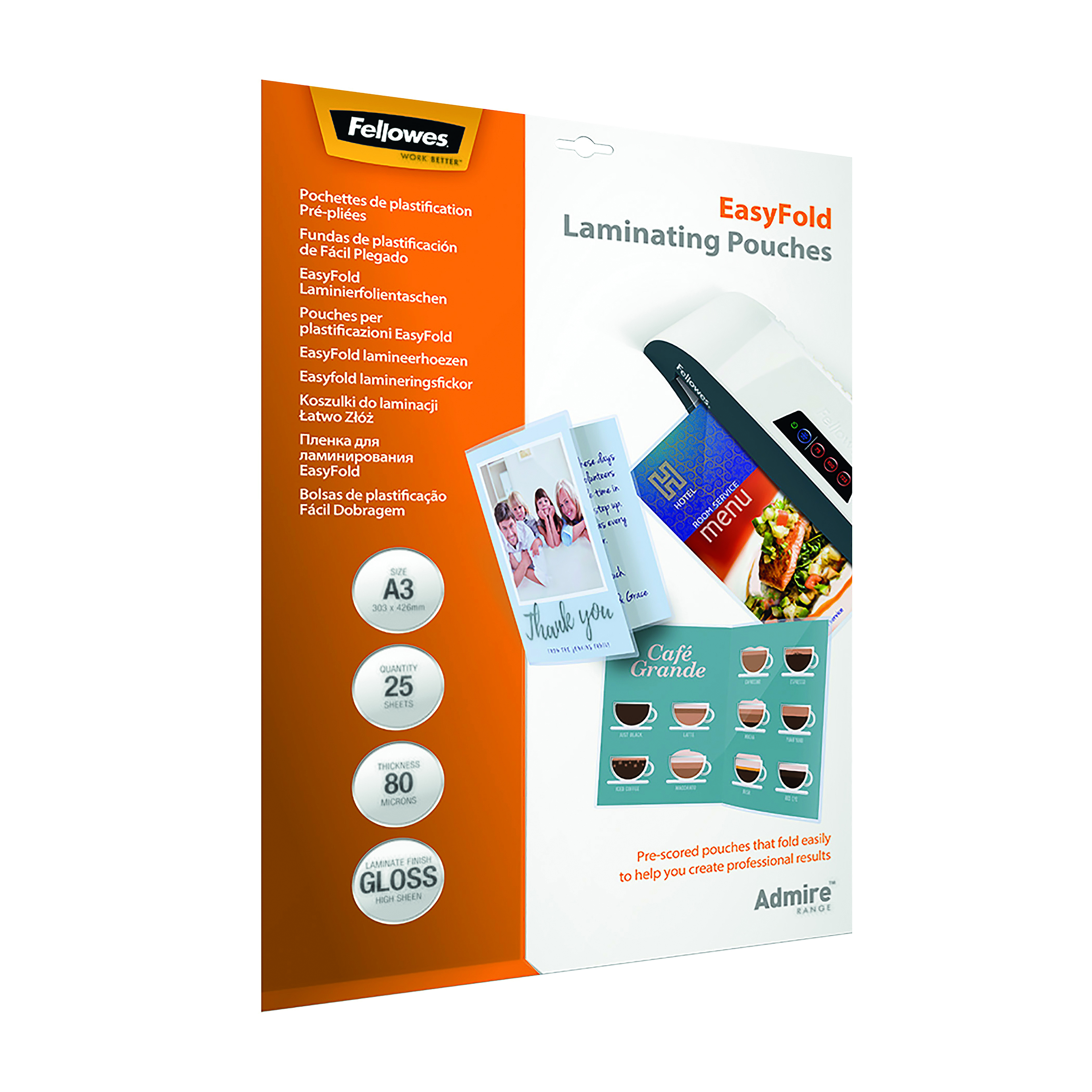 Fellowes+Admire+EasyFold+Laminating+Pouch+A3+160+Micron+Total+Thickness+%28Pack+of+25%29+5602001